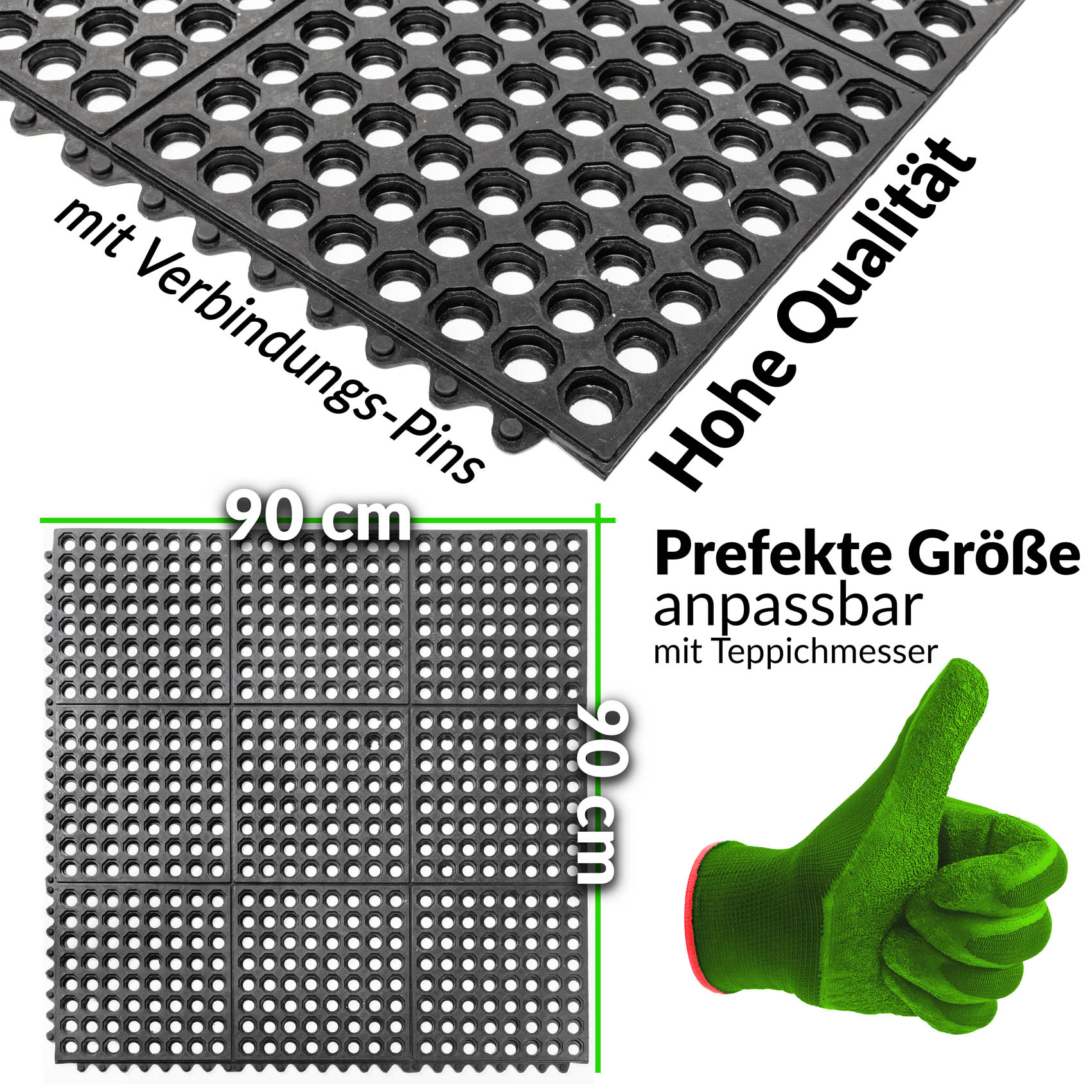 Ringgummimatte Schmutzfangmatte Gummimatte mit intergriertem Verbinder 90x90cm Schwarz