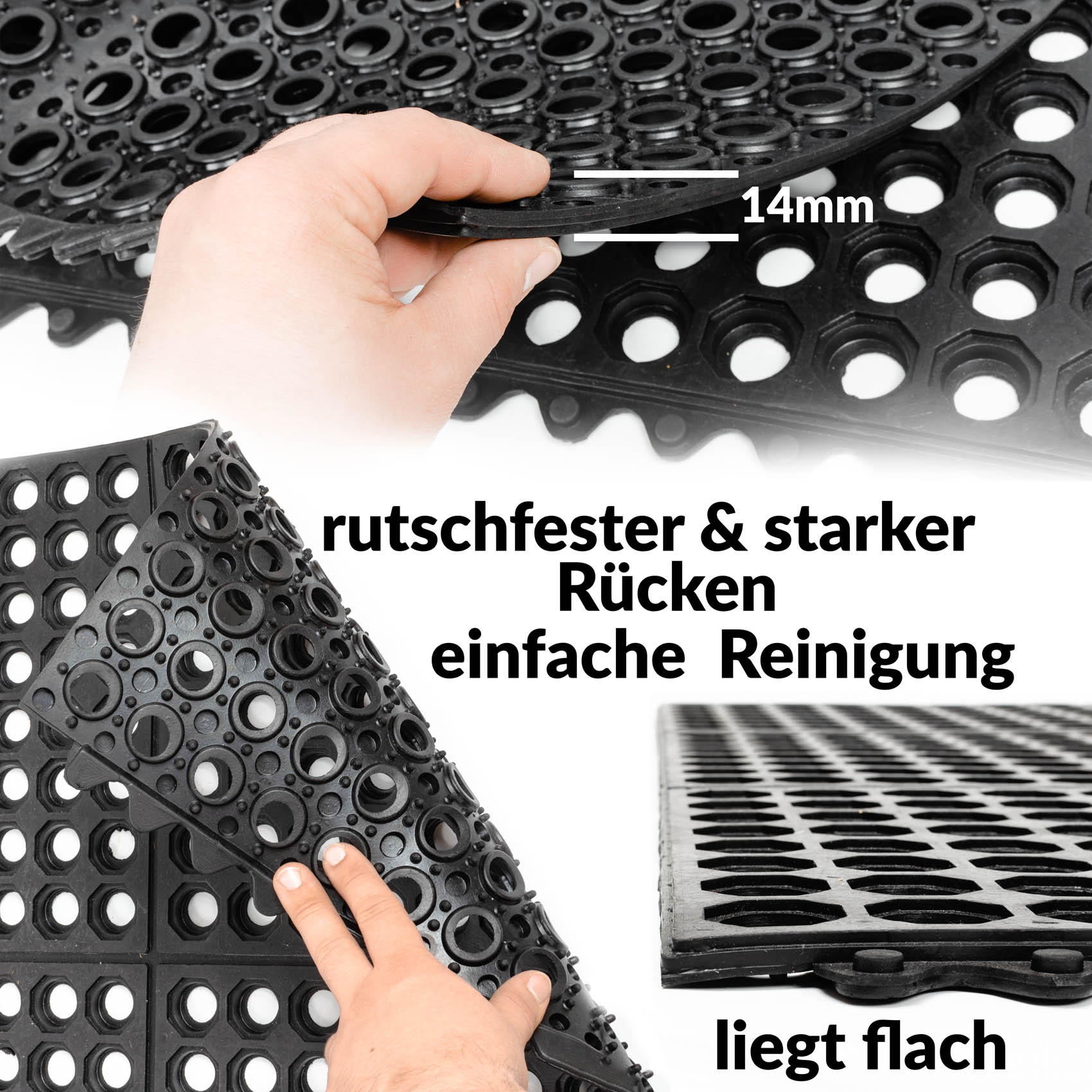 Ringgummimatte Schmutzfangmatte Gummimatte mit intergriertem Verbinder 90x90cm Schwarz