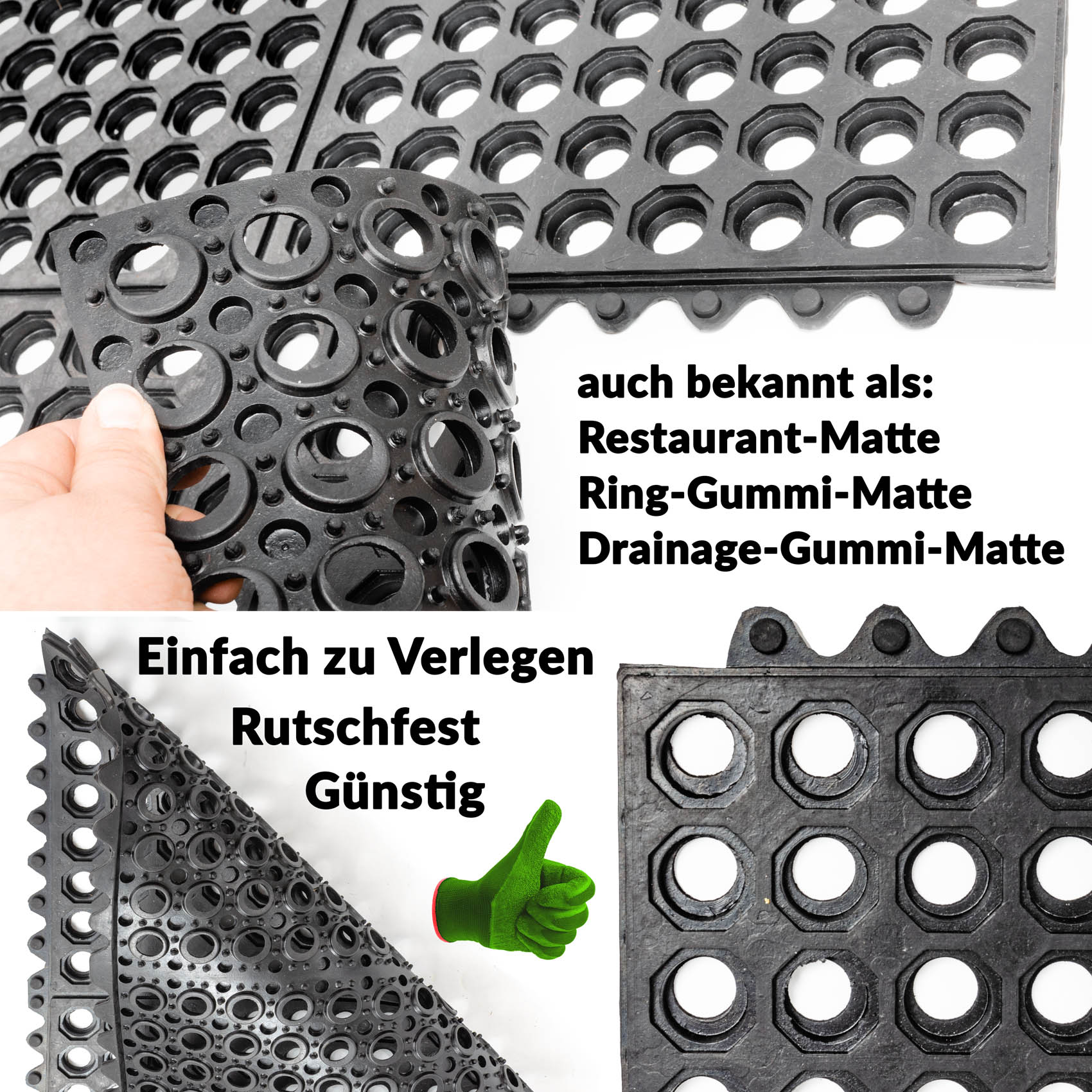 Ringgummimatte Schmutzfangmatte Gummimatte mit intergriertem Verbinder 90x90cm Schwarz