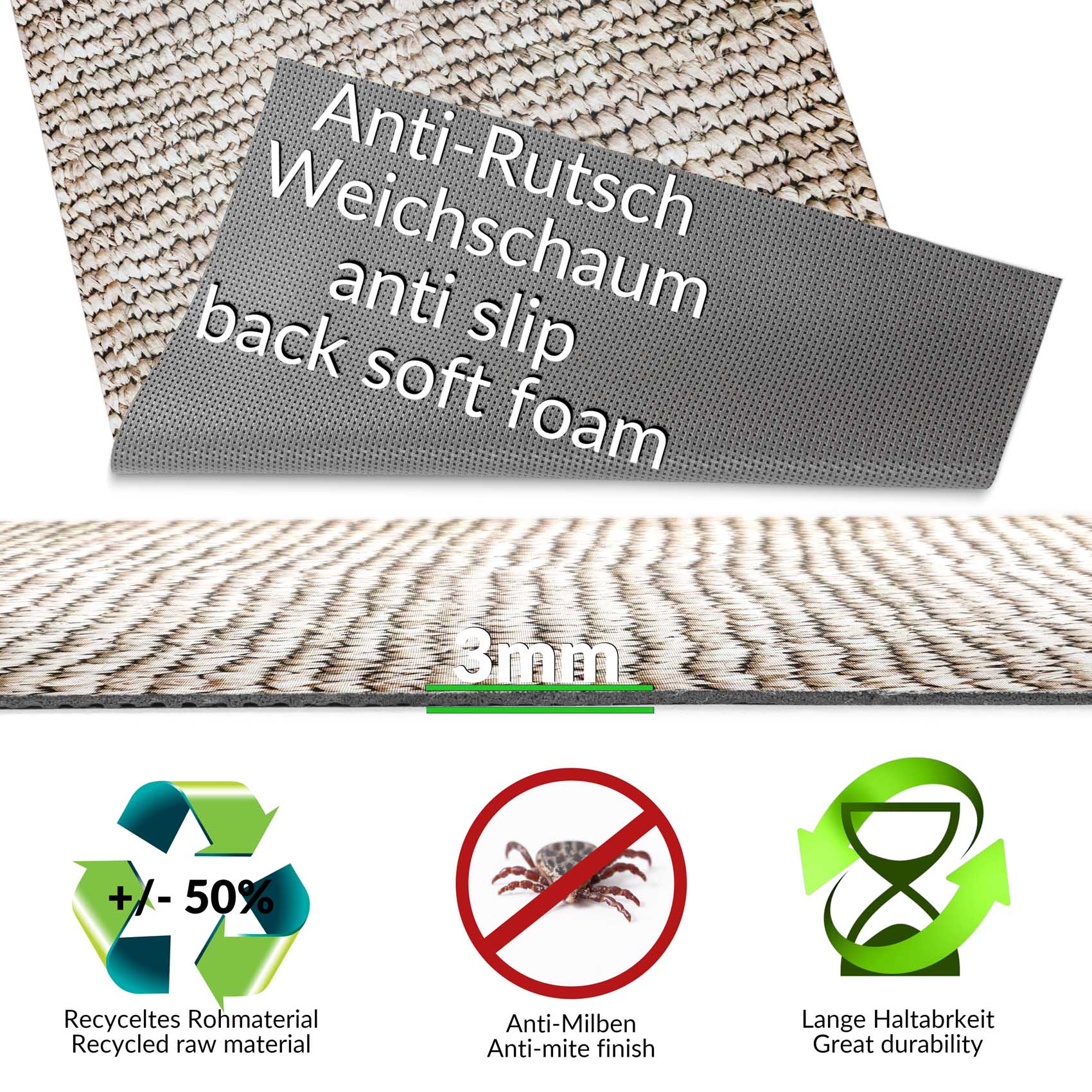 Küchenteppich Läufer Flur Teppichläufer rutschfest abwischbar Flechoptik Stroh Beige