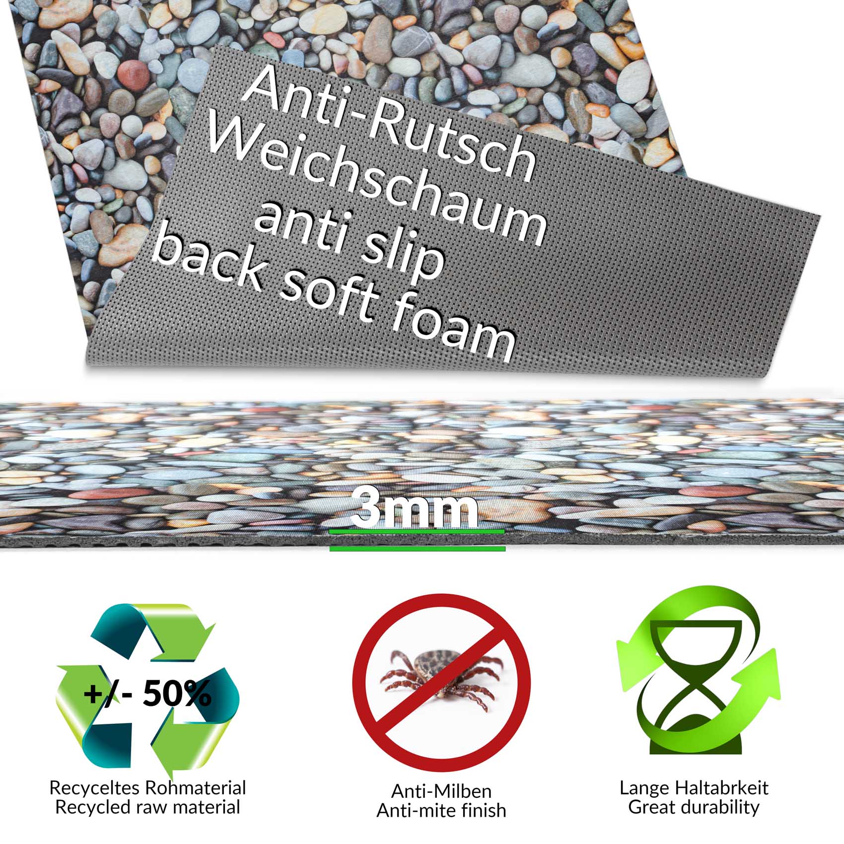 3427218_Product Küchenteppich Läufer Flur Teppichläufer rutschfest abwaschbar Steine Kieselstrand Mehrfarbig