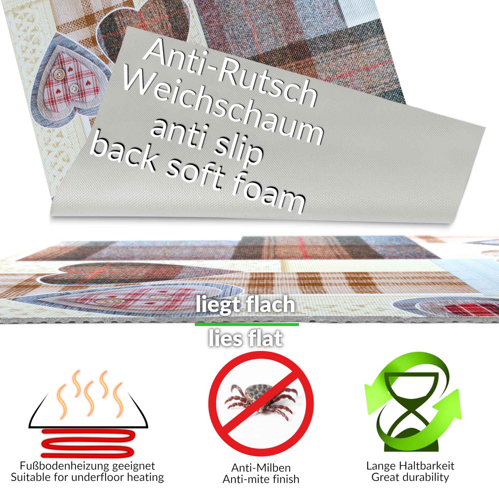 3427792_Product Küchenläufer Teppichläufer Karo Herz Beige rutschfest Läufer abwaschbar | 50cm Breit