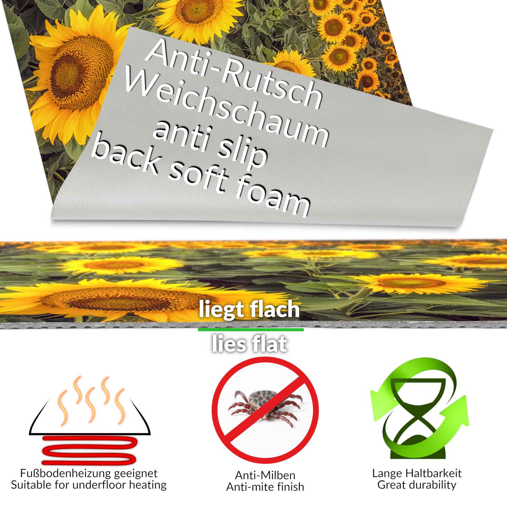 Küchenläufer Küchenteppich Läufer Flur Teppichläufer Sonnenblumen Gelb 50cm Breit