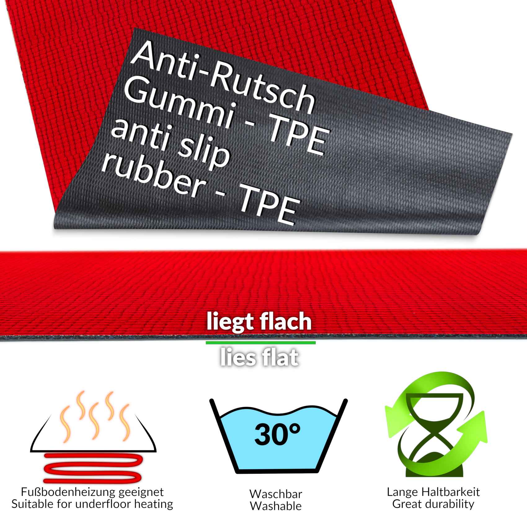 Teppichläufer Flurläufer Küchenläufer Velours rutschfest Wilson Rot 65cm Breit