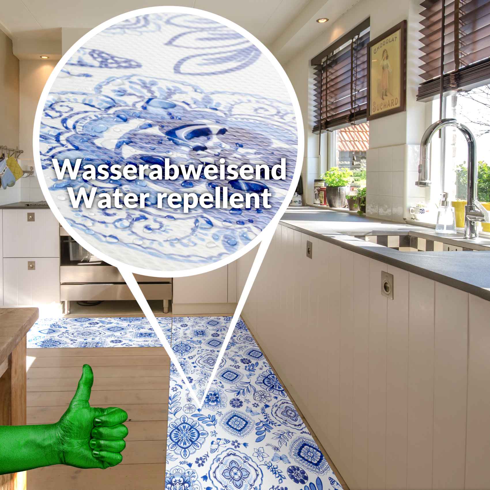 Küchenläufer Teppichläufer Mirza Blau Läufer Flur abwaschbar | 48cm Breit