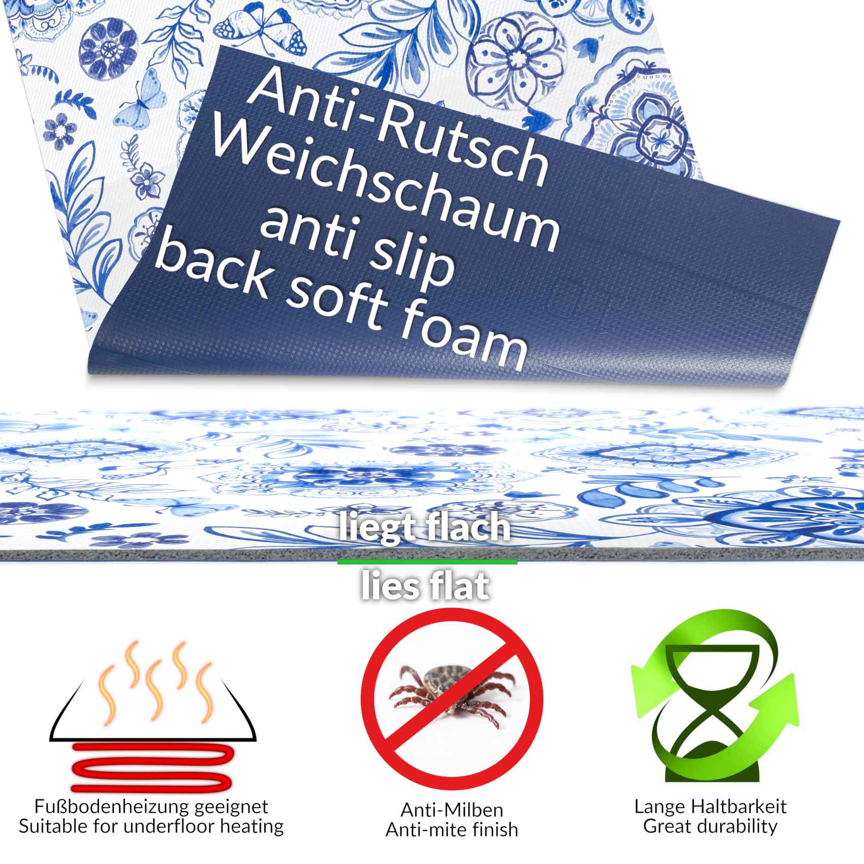 Küchenläufer Teppichläufer Mirza Blau Läufer Flur abwaschbar | 48cm Breit