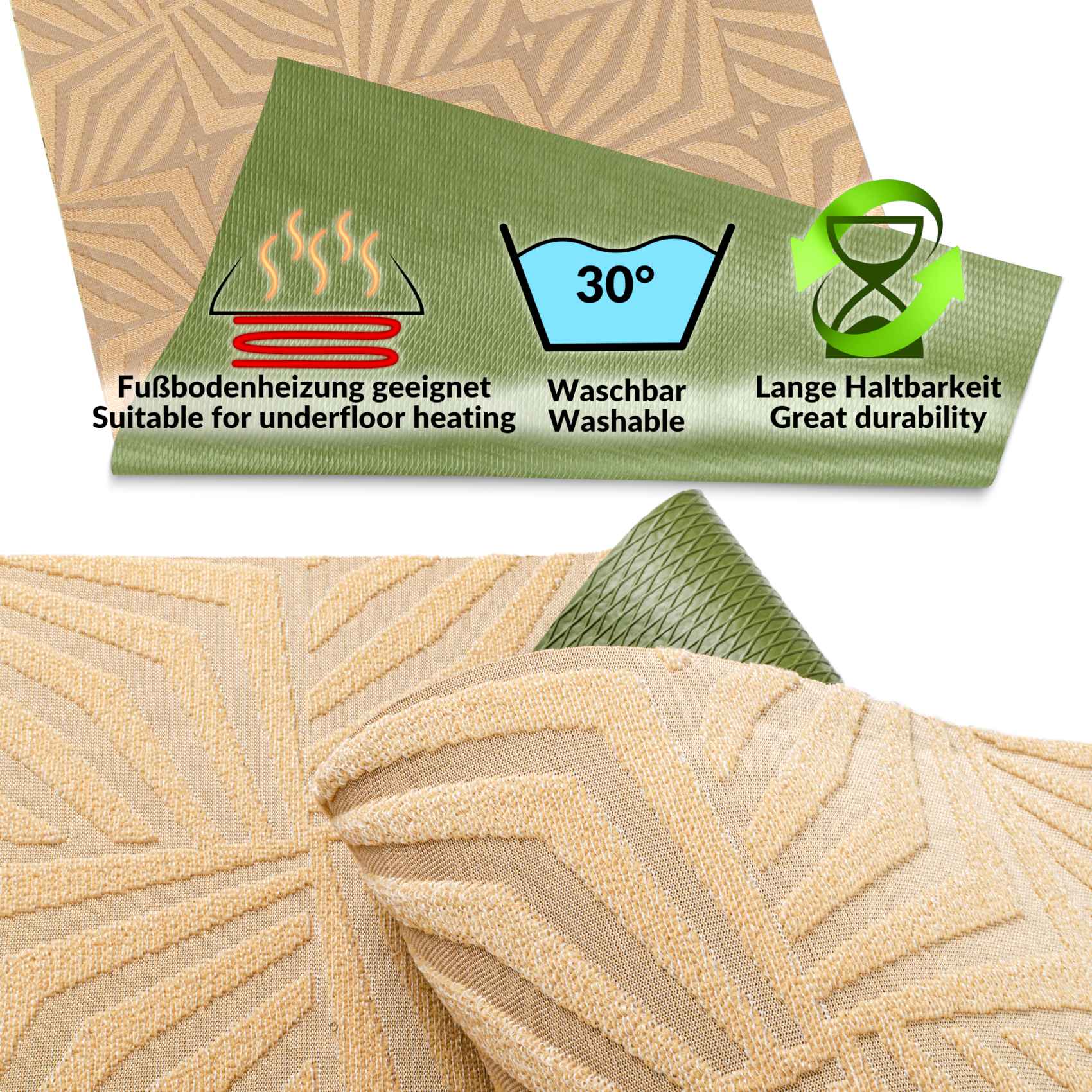 3431906_Product Teppichläufer Küchenteppich Flurläufer Küchenläufer Velours rutschfest waschbar Beige 50cm Breit