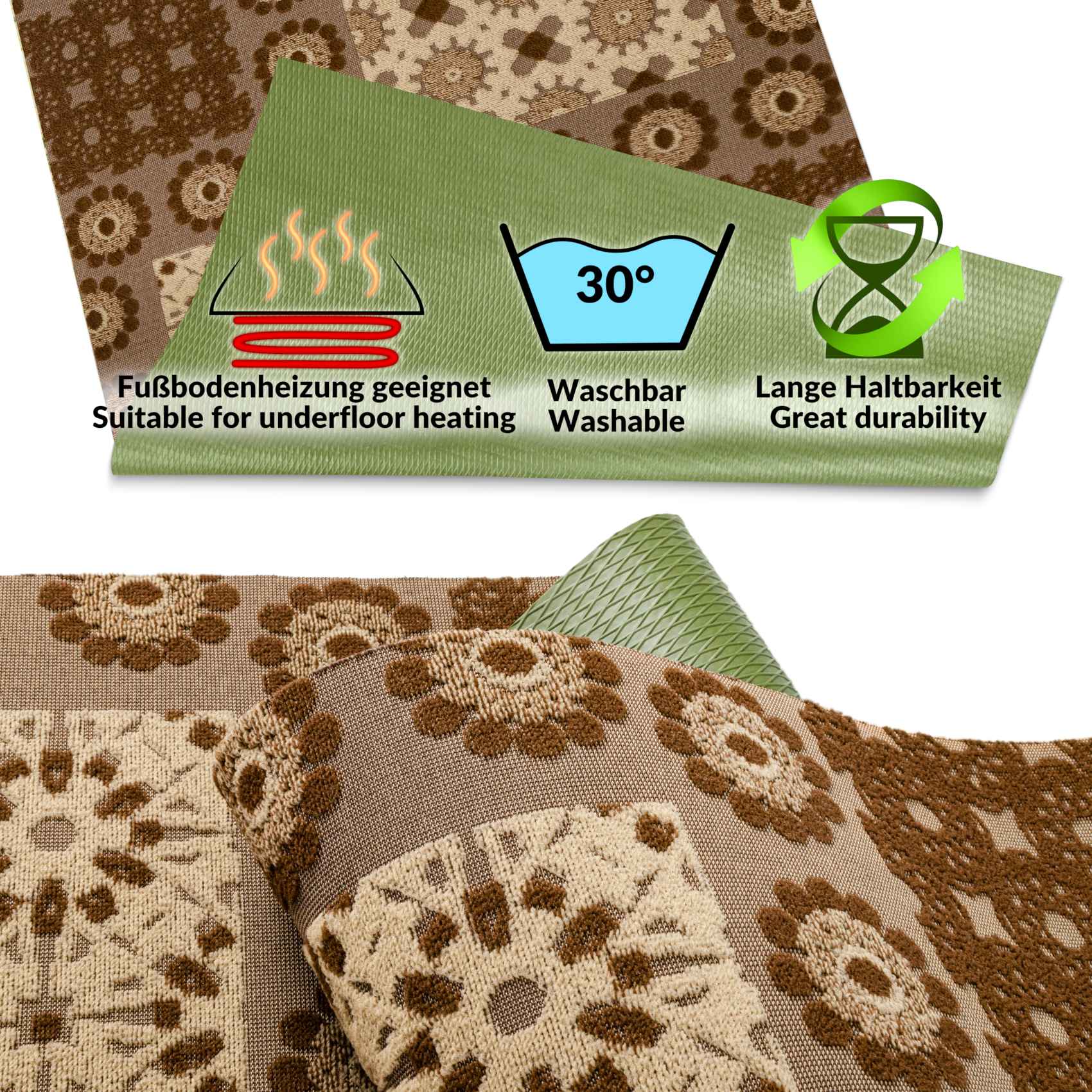 3431931_Product Teppichläufer Flurläufer Küchenläufer Velours waschbar rutschfest Sisi Bisquit Braun 50cm Breit