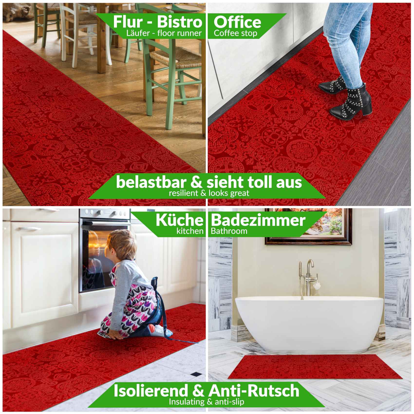 Teppichläufer Flurläufer Küchenläufer Velours waschbar rutschfest Jacquard Teppich Sisi Raku Rot 65cm Breit