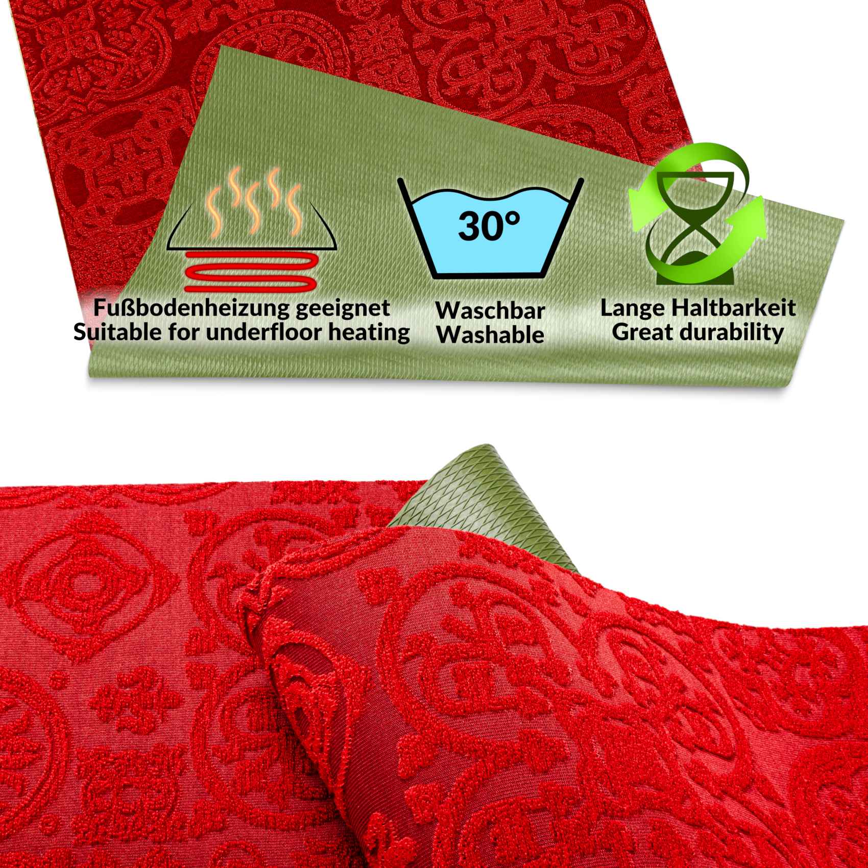 Teppichläufer Flurläufer Küchenläufer Velours waschbar rutschfest Jacquard Teppich Sisi Raku Rot 65cm Breit