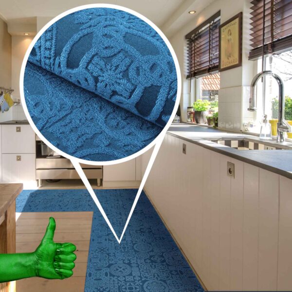 Teppichläufer Flurläufer Küchenläufer Velours Jacquard Teppich Sisi Raku Blau 65cm Breit – 100x67cm