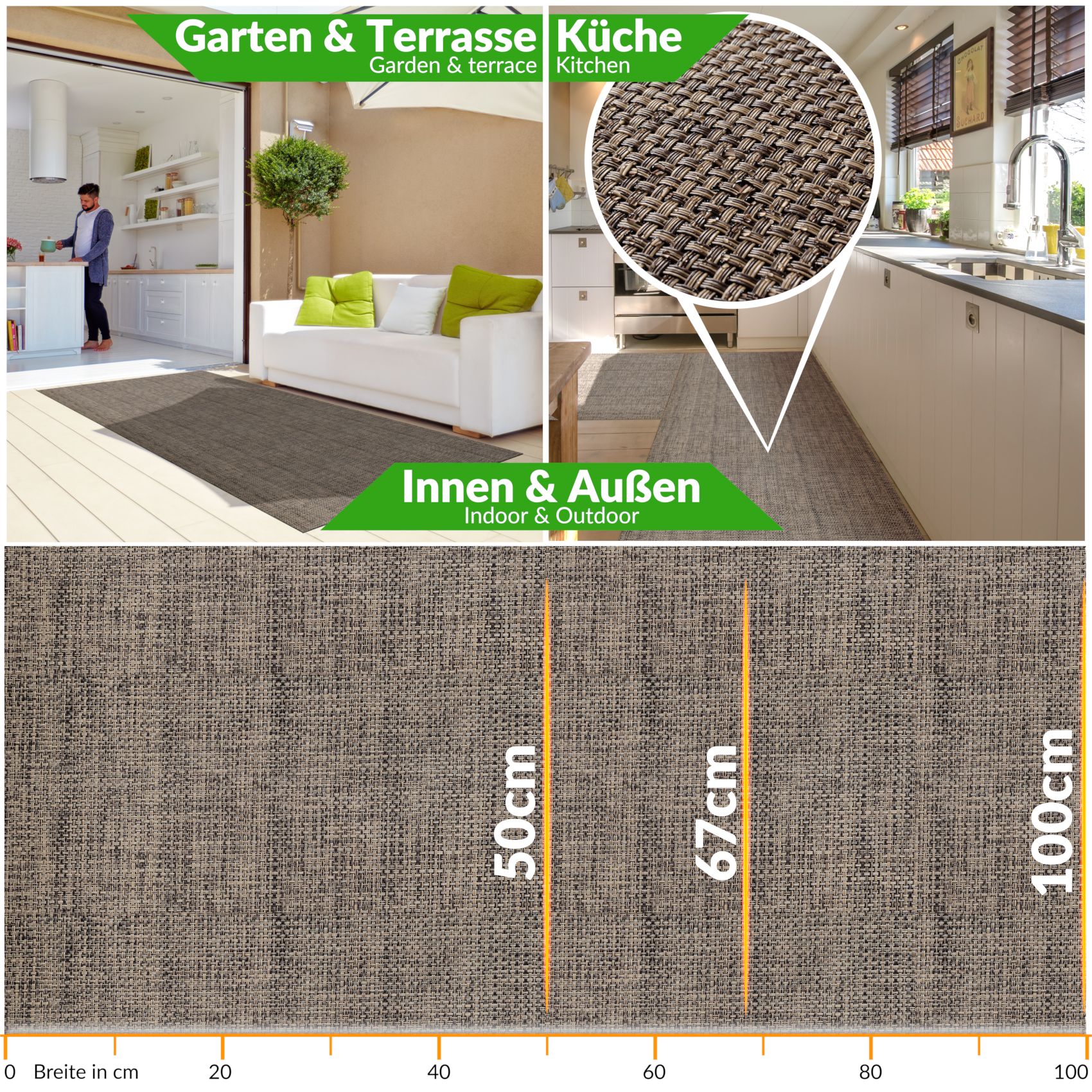 Outdoorteppich Teppichläufer Küchenläufer Rattan Tatami | 50/ 67/ 100 cm Breit