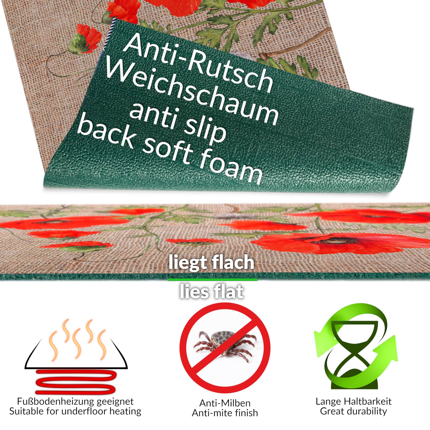 3446780_Product Küchenläufer Küchenteppich Läufer Flur Teppichläufer Sprinty Mohnblumen Jute 52cm Breite