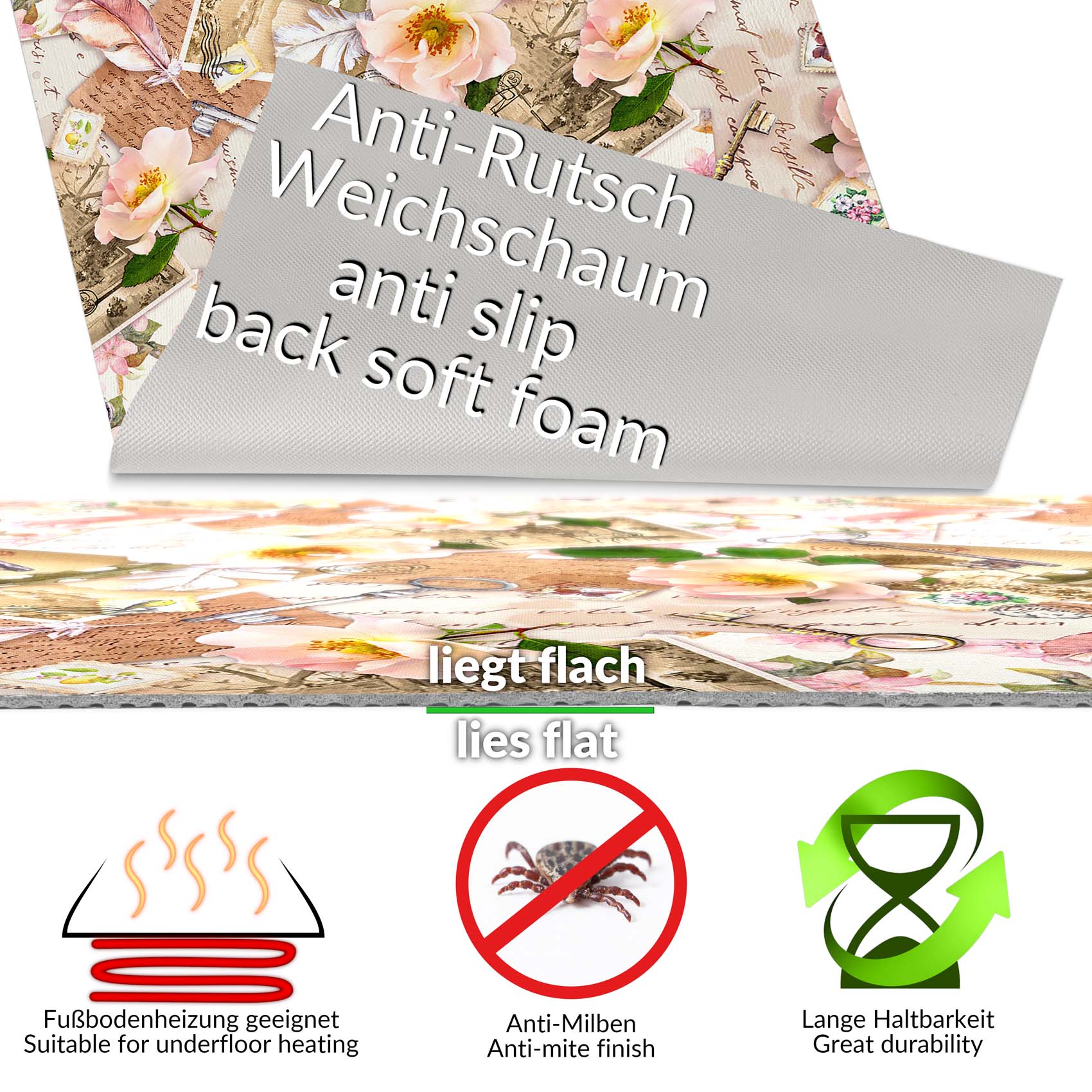 Küchenläufer Küchenteppich Läufer Flur Teppichläufer Vintage Beige 80cm Breit