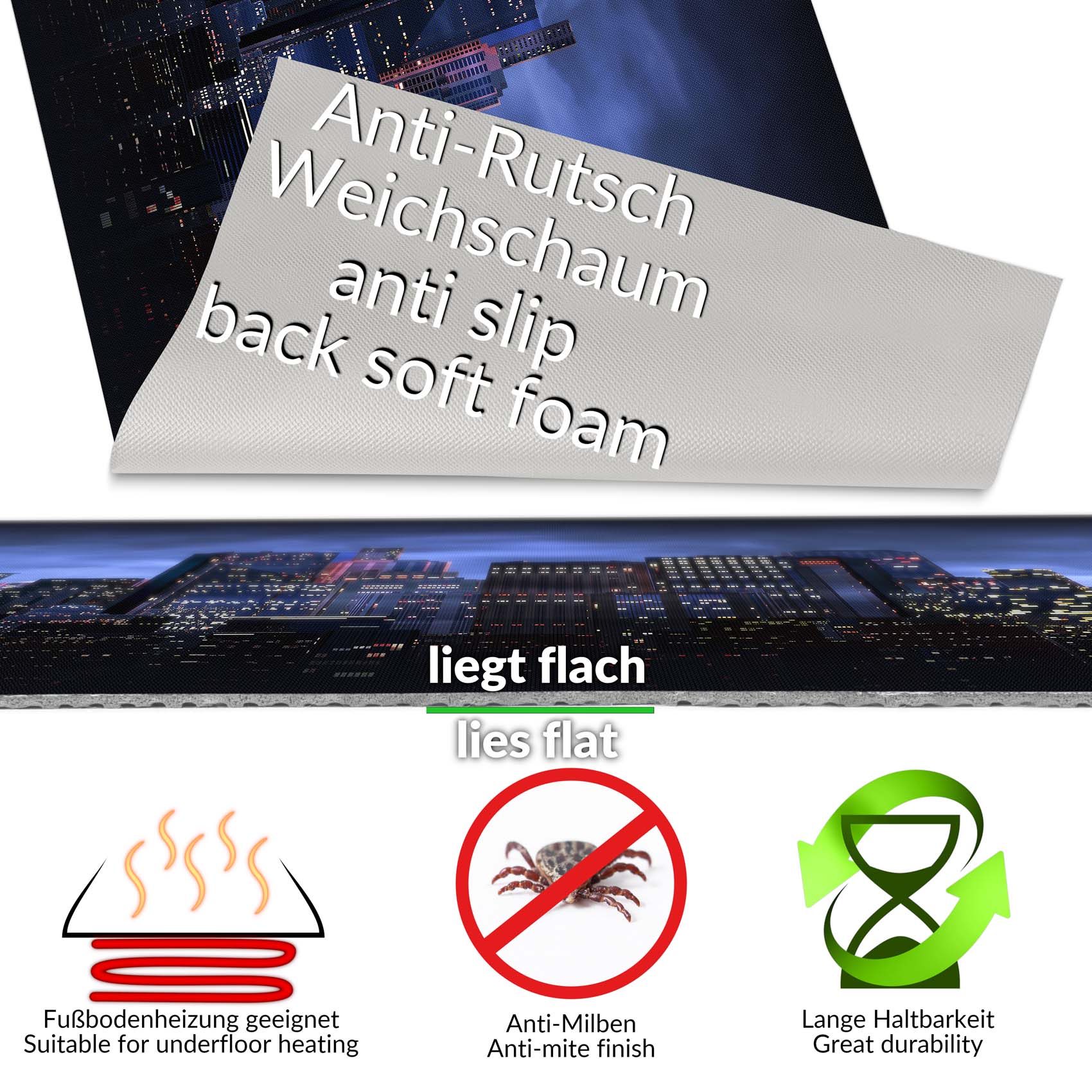 Küchenläufer Küchenteppich Läufer Flur Teppichläufer Skyline Blau 50cm Breit