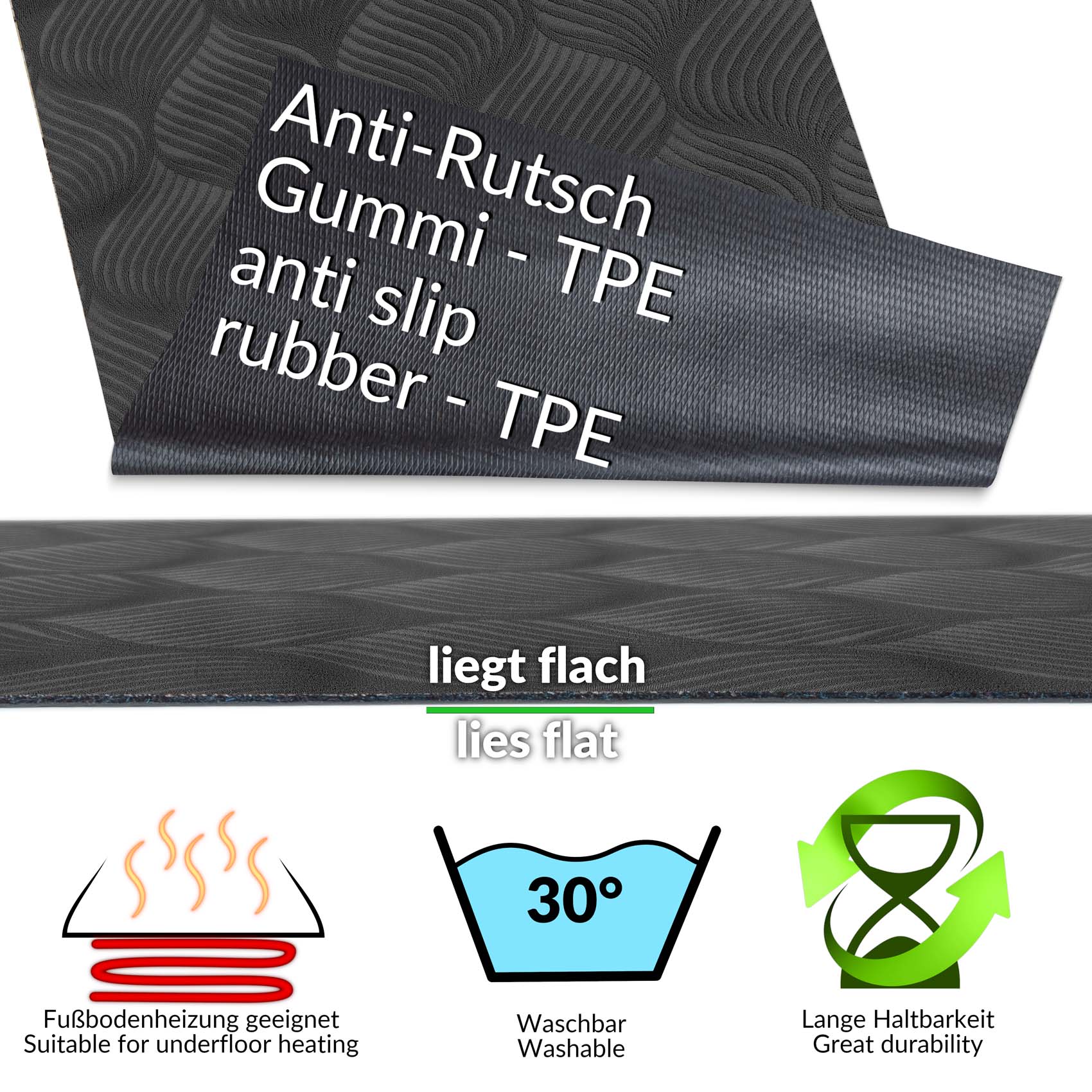 Teppichläufer Velours Küchenläufer Veloursteppich rutschfest waschbar Blätter Ornament Anthrazit 65cm Breit