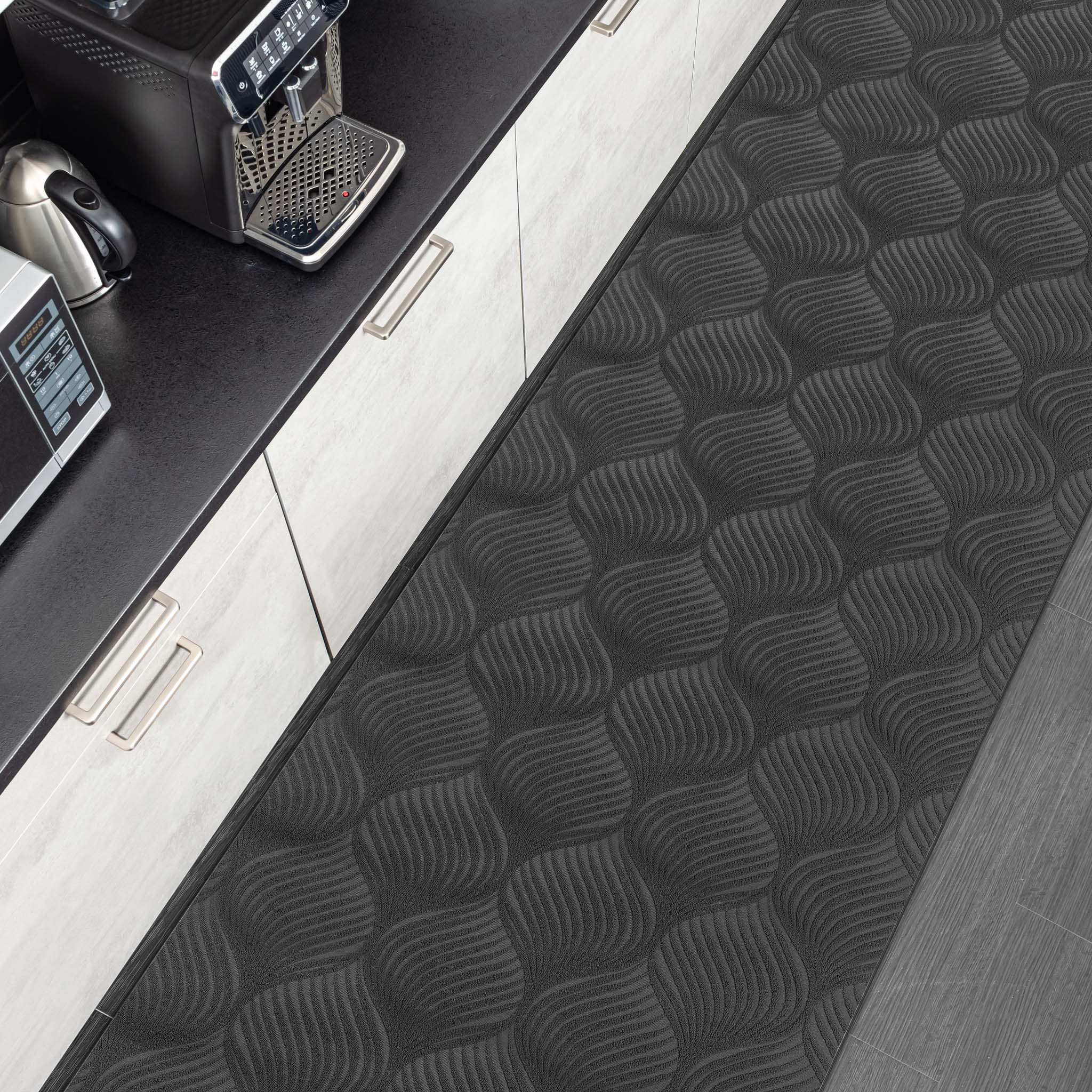 Teppichläufer Velours Küchenläufer Veloursteppich rutschfest waschbar Blätter Ornament Anthrazit 65cm Breit