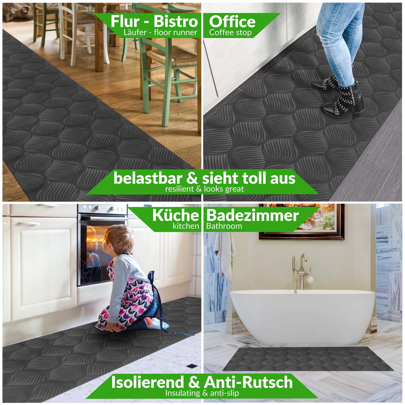 Teppichläufer Velours Küchenläufer Veloursteppich rutschfest waschbar Blätter Ornament Anthrazit 65cm Breit