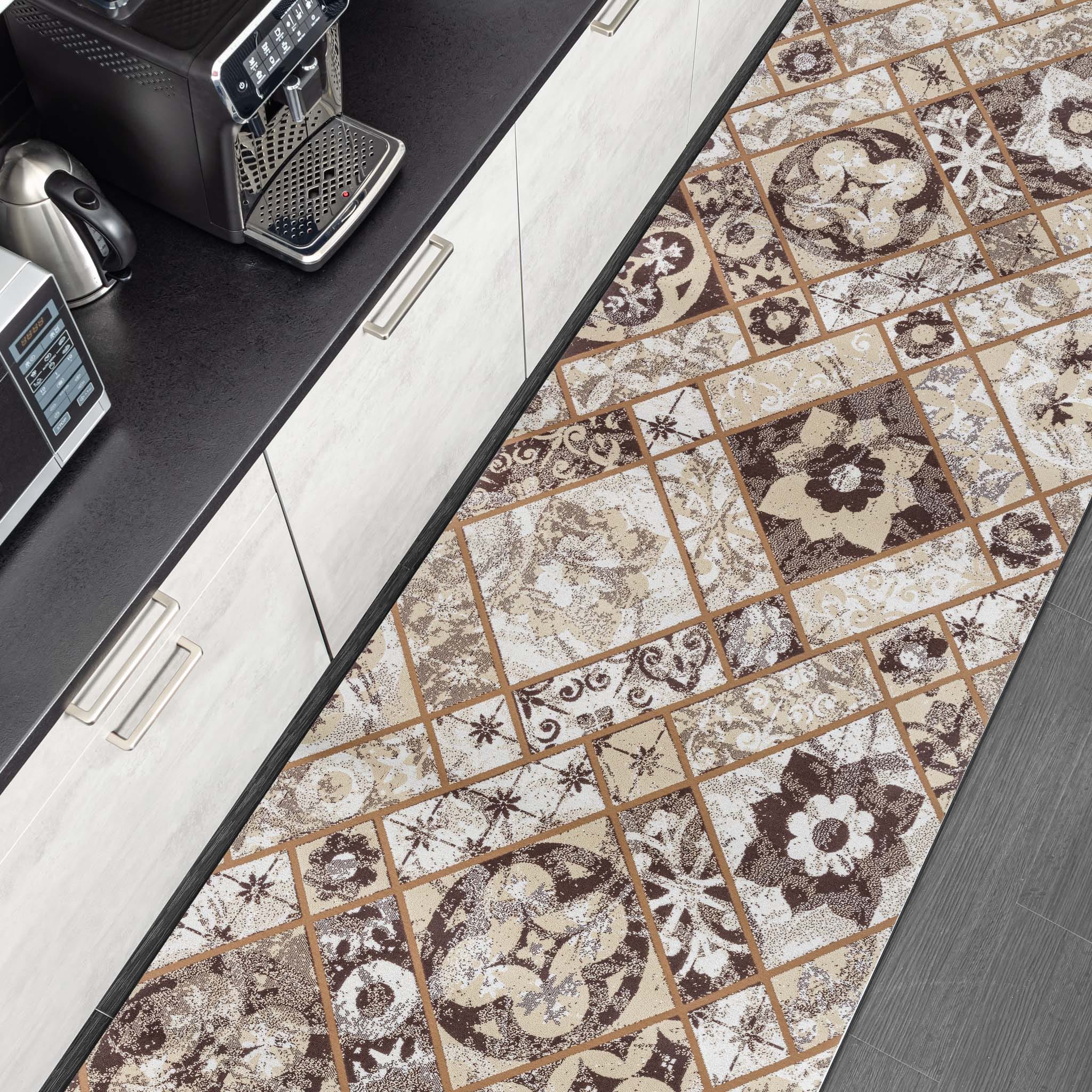 Teppichläufer Velours Küchenläufer Veloursteppich Ornament Braun 65cm Breit