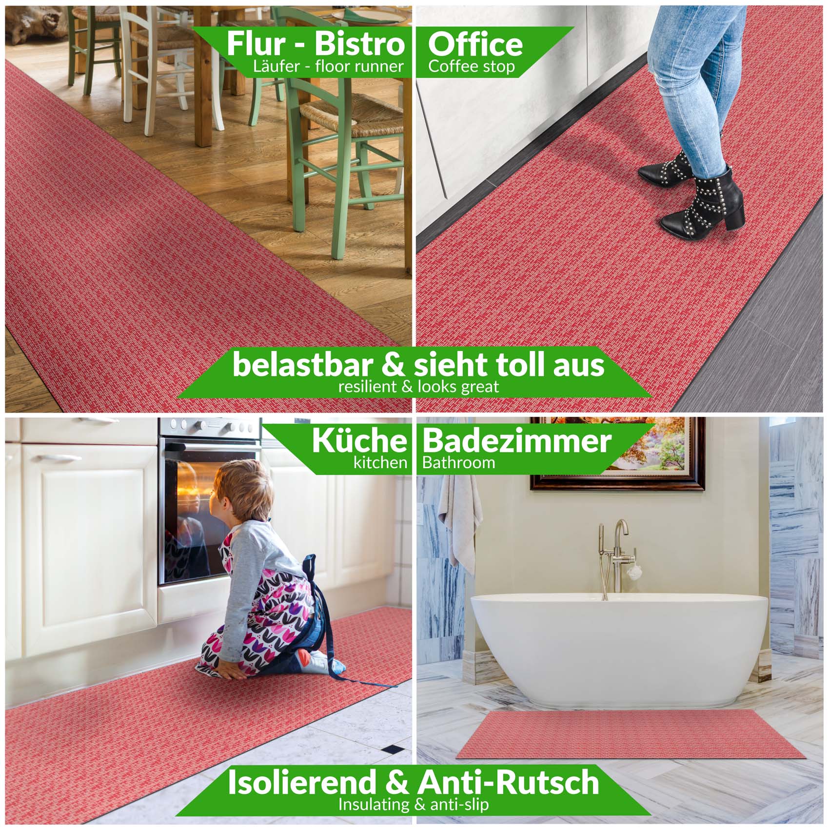 Küchenläufer Küchenteppich Läufer Flur pflegeleicht Premium waschbar Flechtoptik Rot