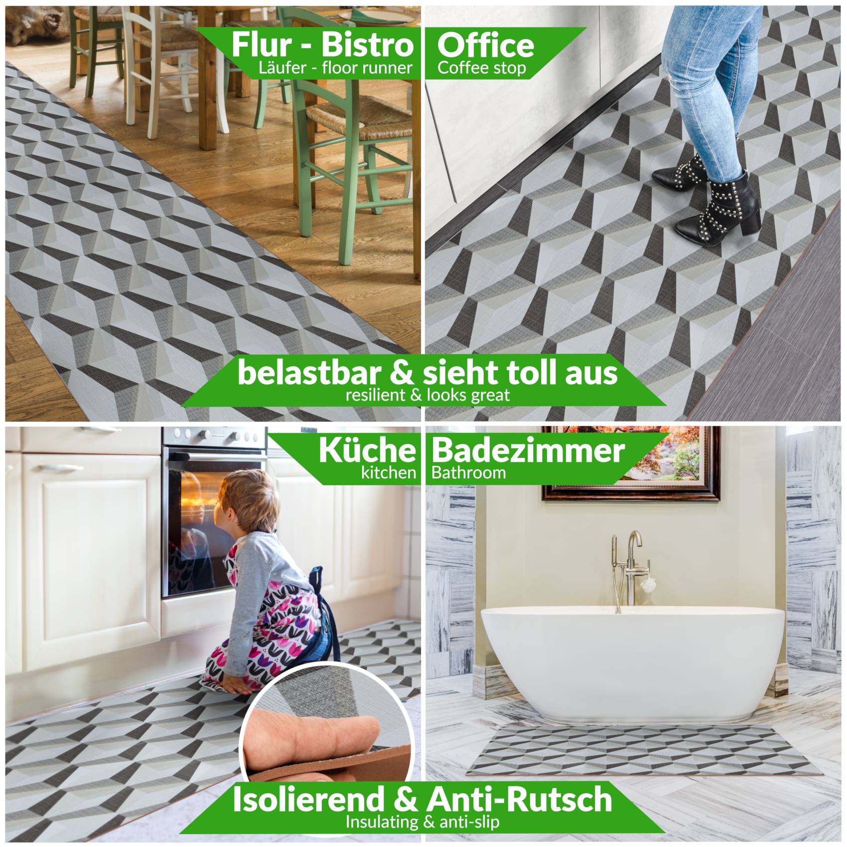 BRHF4107_40 Küchenläufer Flurteppich Küchenteppich Motivdruck Illusion 3D Flur Teppich Läufer rutschfest abwaschbar