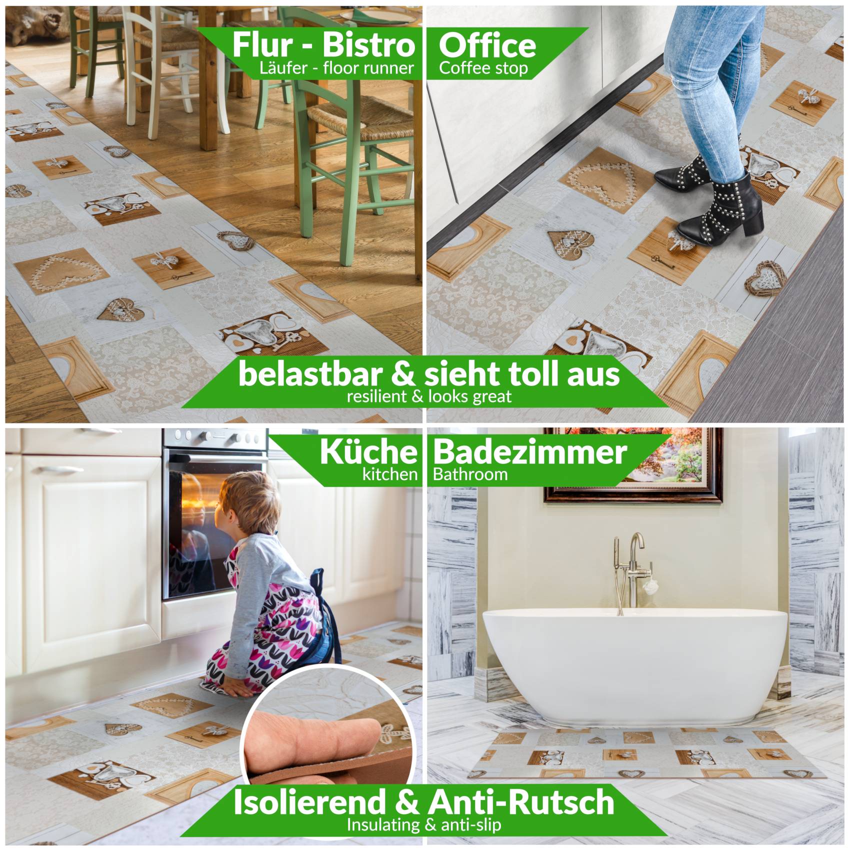 Küchenläufer Küchenteppich Motivdruck Herzen Holz Teppichläufer Flur Teppich Läufer rutschfest