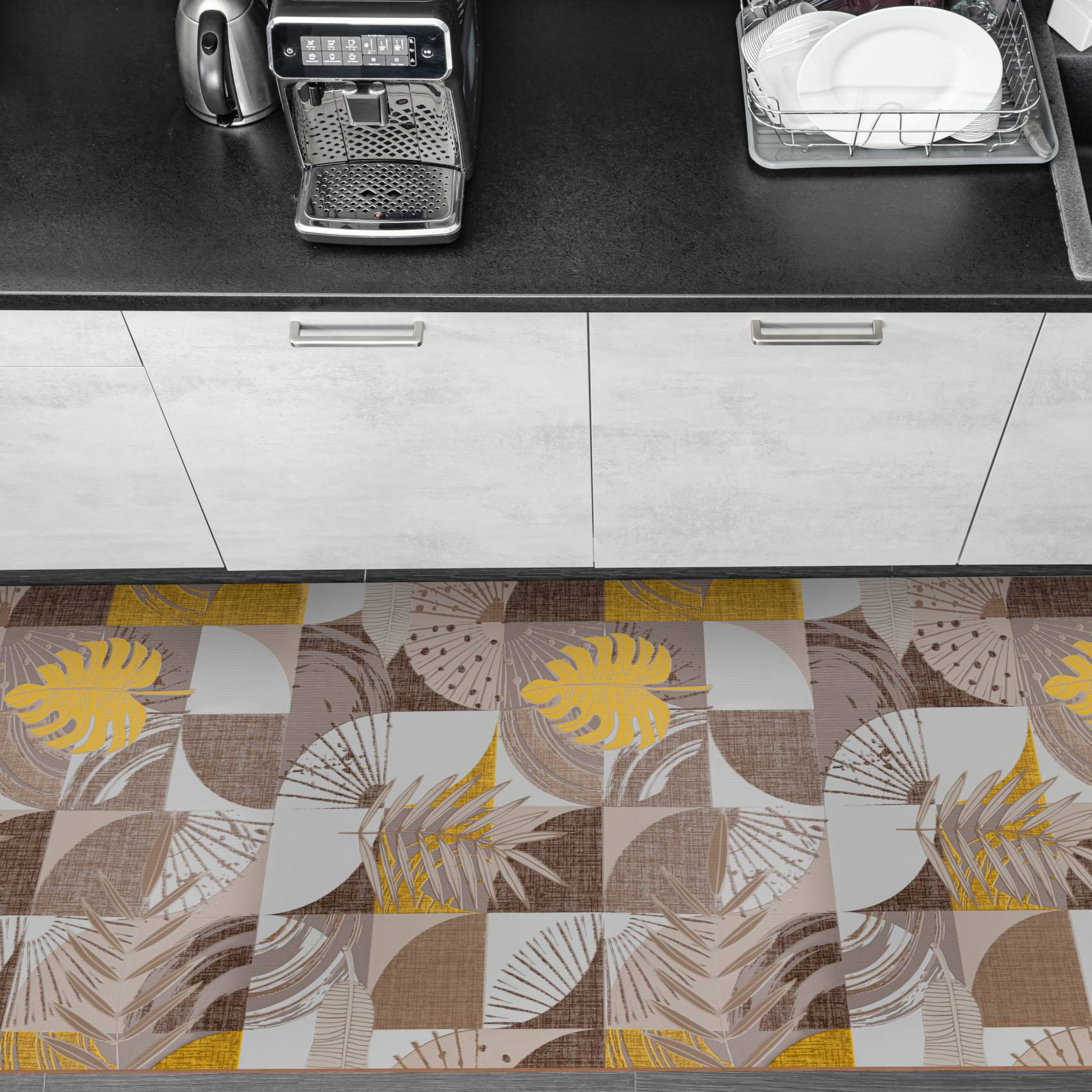 Küchenläufer Küchenteppich Flurteppich Palmenblätter Grau Läufer rutschfest