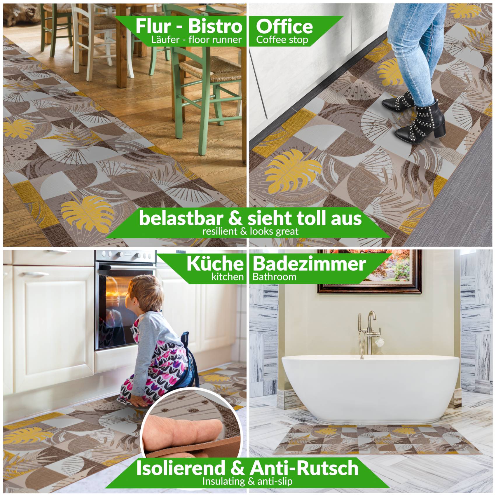 Küchenläufer Küchenteppich Flurteppich Palmenblätter Grau Läufer rutschfest