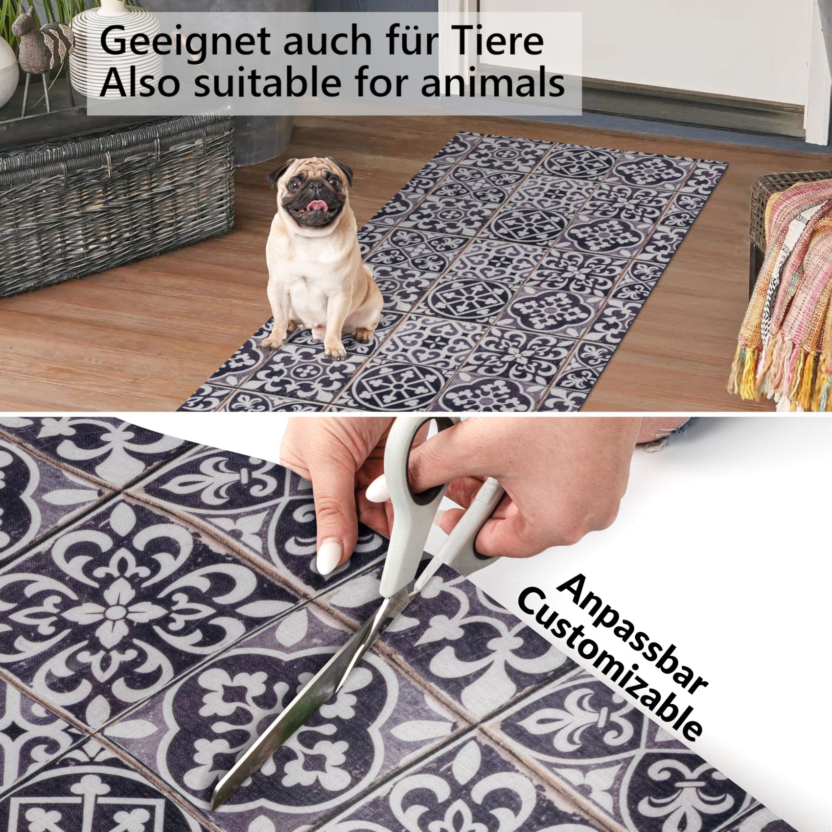 GTFLIESE_50 Küchenläufer Teppich Läufer Flurteppich waschbar rutschfest Kacheloptik Breite 65cm