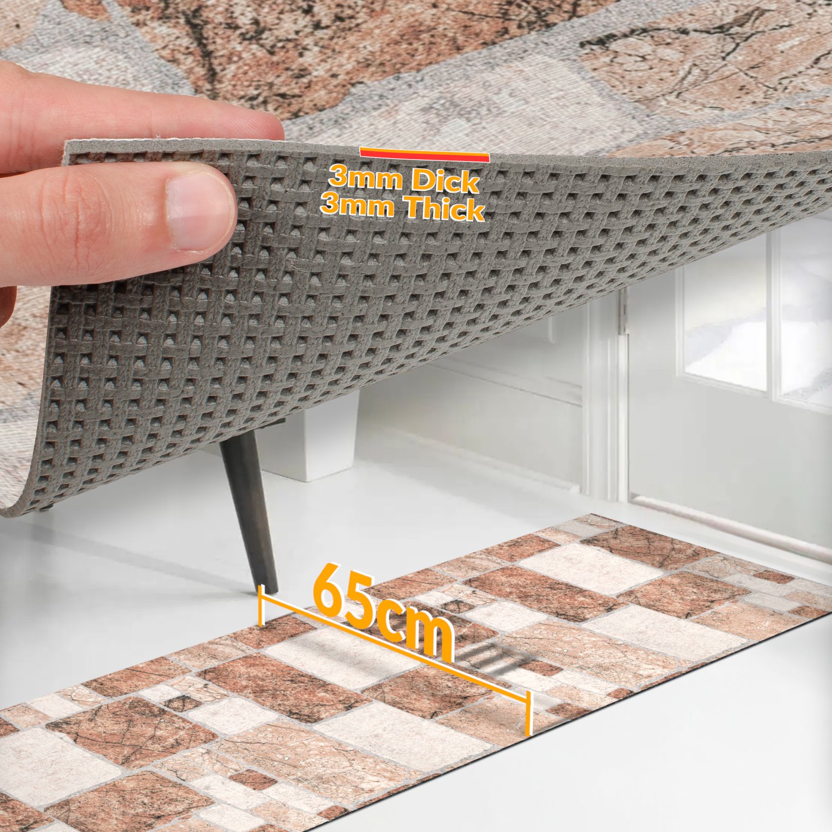 GTGRANIT_23 Küchenläufer Teppich Läufer Flurteppich waschbar rutschfest Steine Breite 65cm