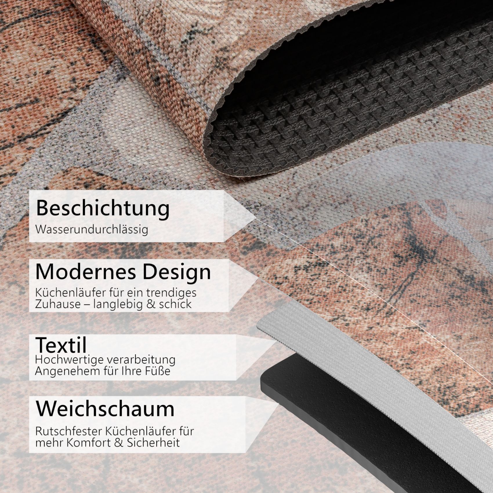 GTGRANIT_60 Küchenläufer Teppich Läufer Flurteppich waschbar rutschfest Steine Breite 65cm