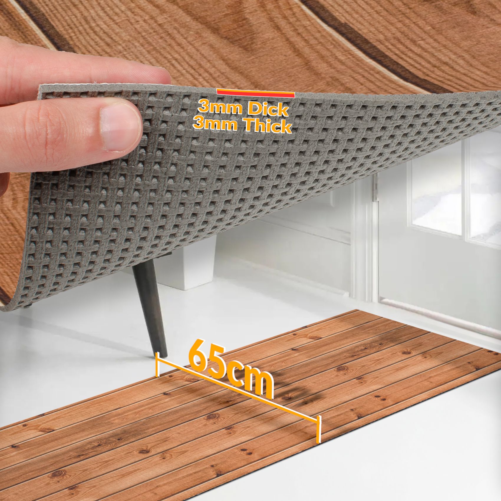 Küchenläufer Teppich Läufer Flurteppich waschbar rutschfest Holzoptik Braun Breite 65cm