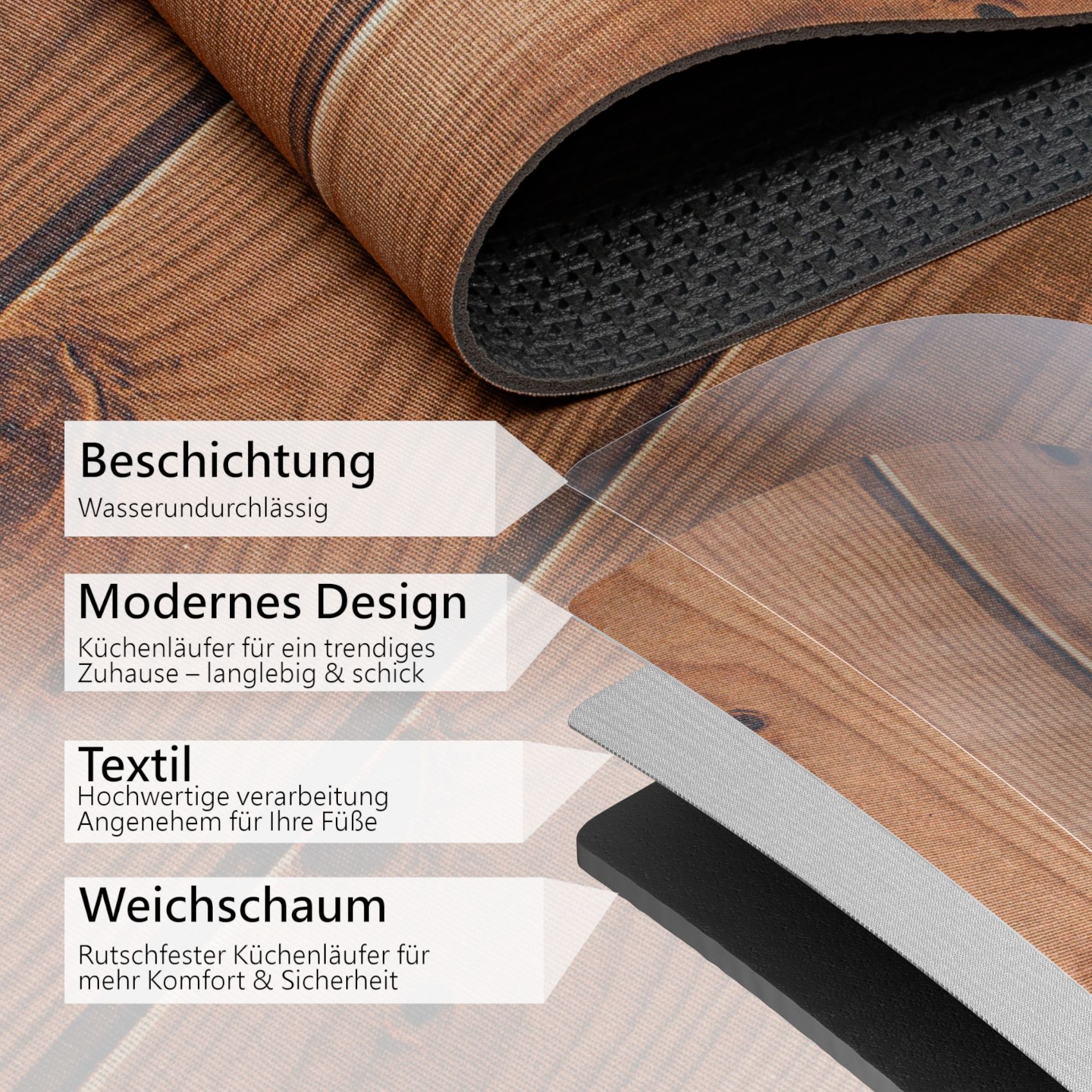 Küchenläufer Teppich Läufer Flurteppich waschbar rutschfest Holzoptik Braun Breite 65cm