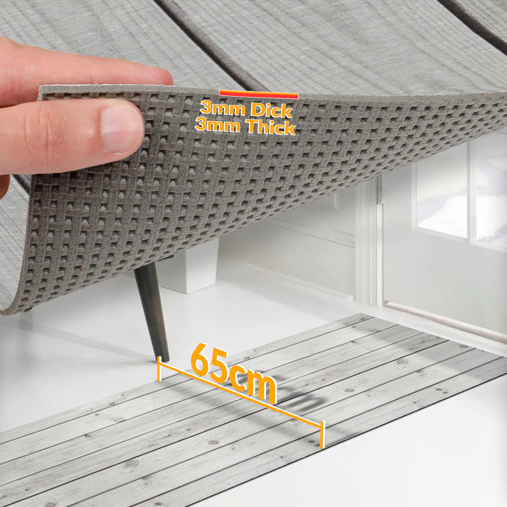 Küchenläufer Teppich Läufer Flurteppich waschbar rutschfest Holzoptik Grau Breite 65cm