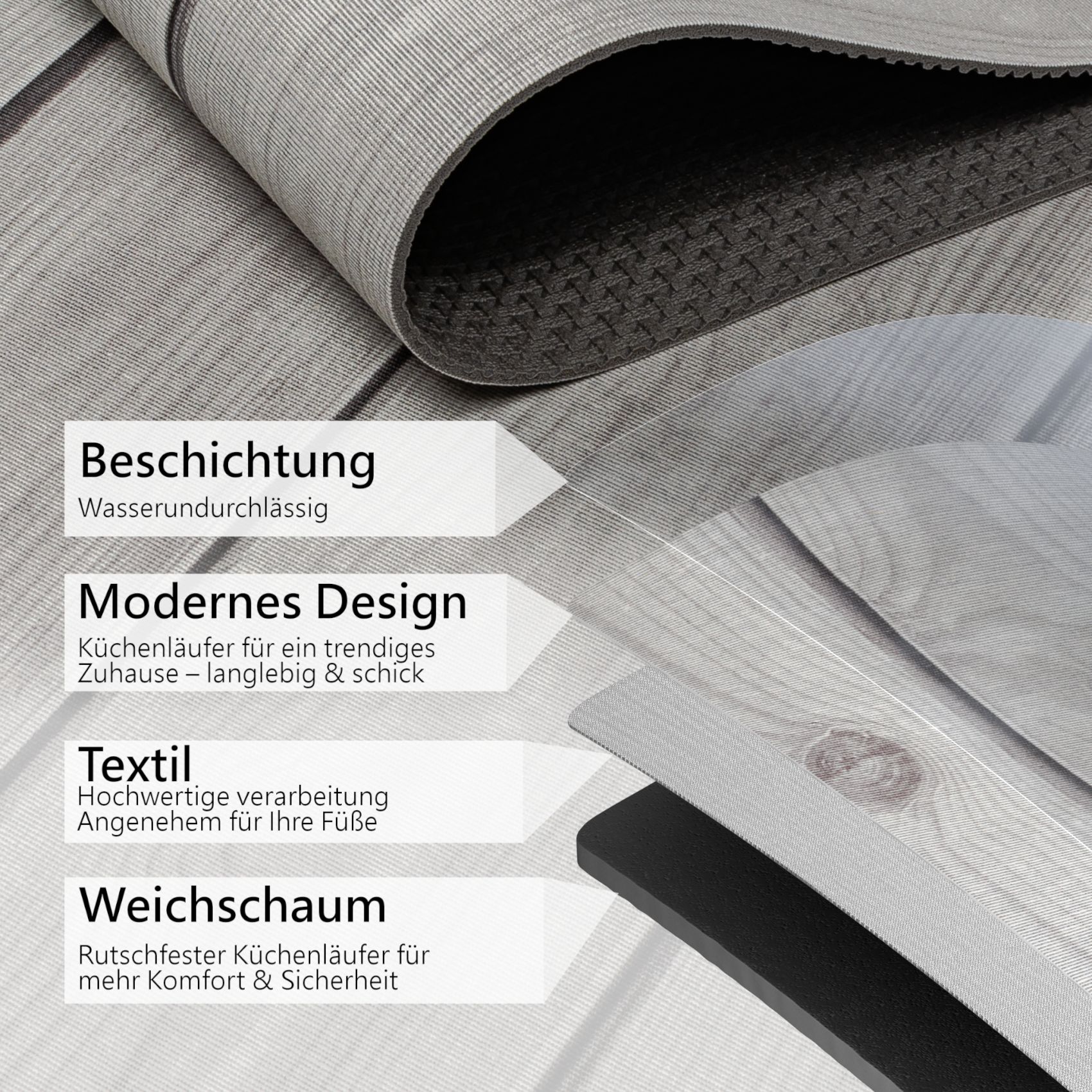 Küchenläufer Teppich Läufer Flurteppich waschbar rutschfest Holzoptik Grau Breite 65cm