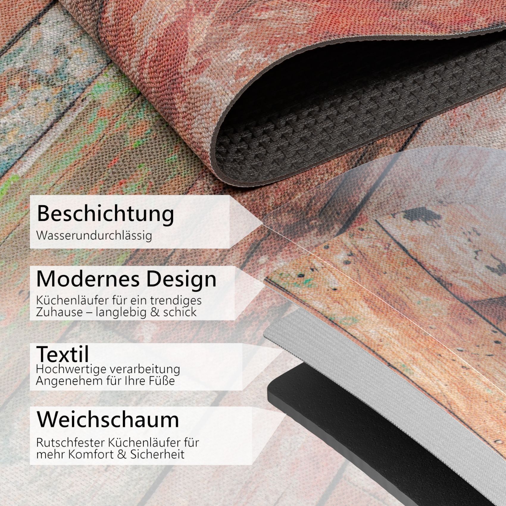 GTHOLZZZ_60 Küchenläufer Teppich Läufer Flurteppich waschbar rutschfest Holzoptik Breite 65cm