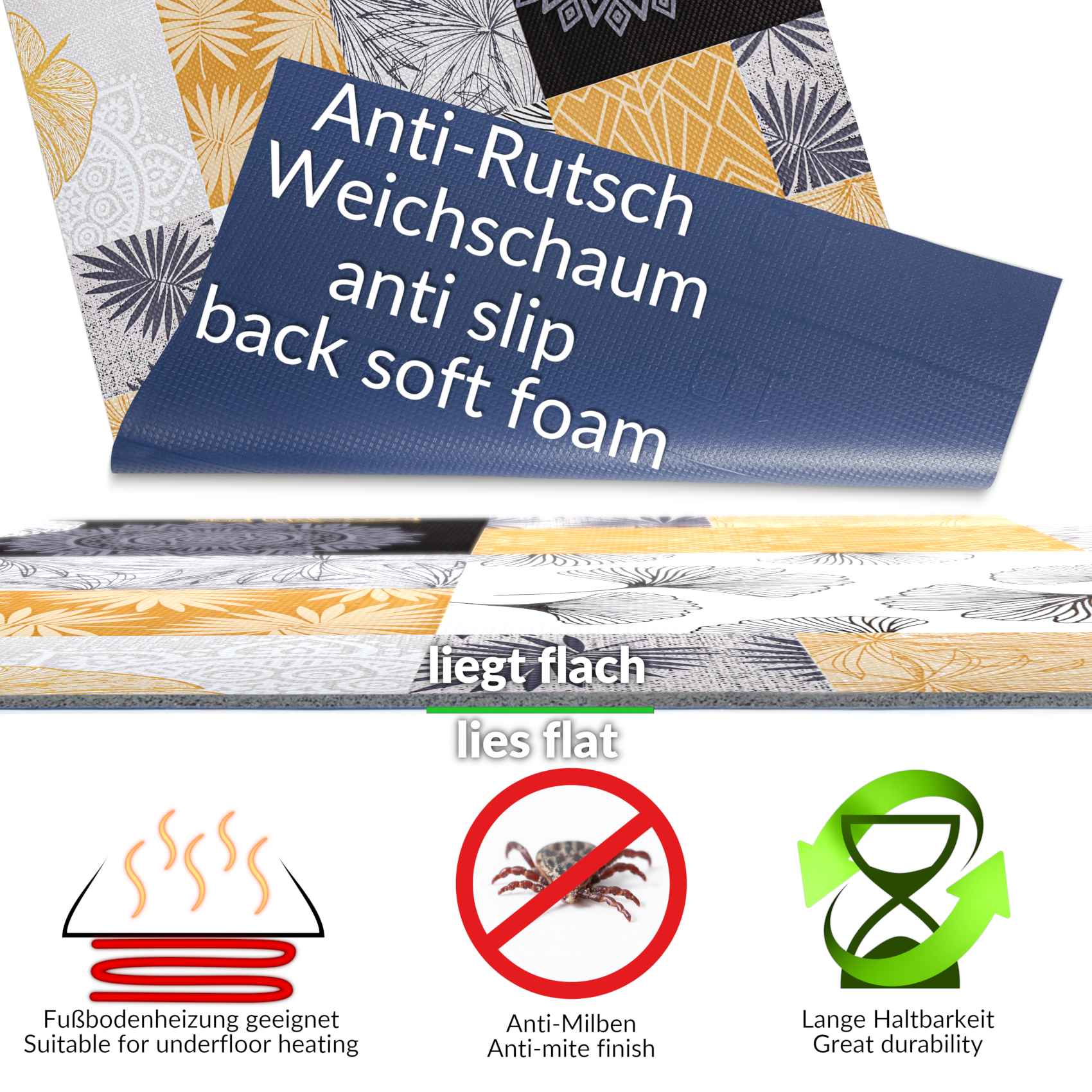 Küchenteppich Gold pflegeleicht rutschfest Küchenläufer abwaschbar