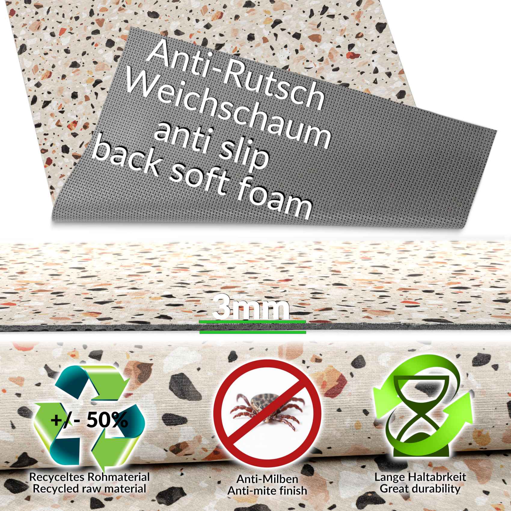 GTPSTER_50 Küchenläufer Küchenteppich Granitoptik waschbar Läufer Küche Teppich Läufer