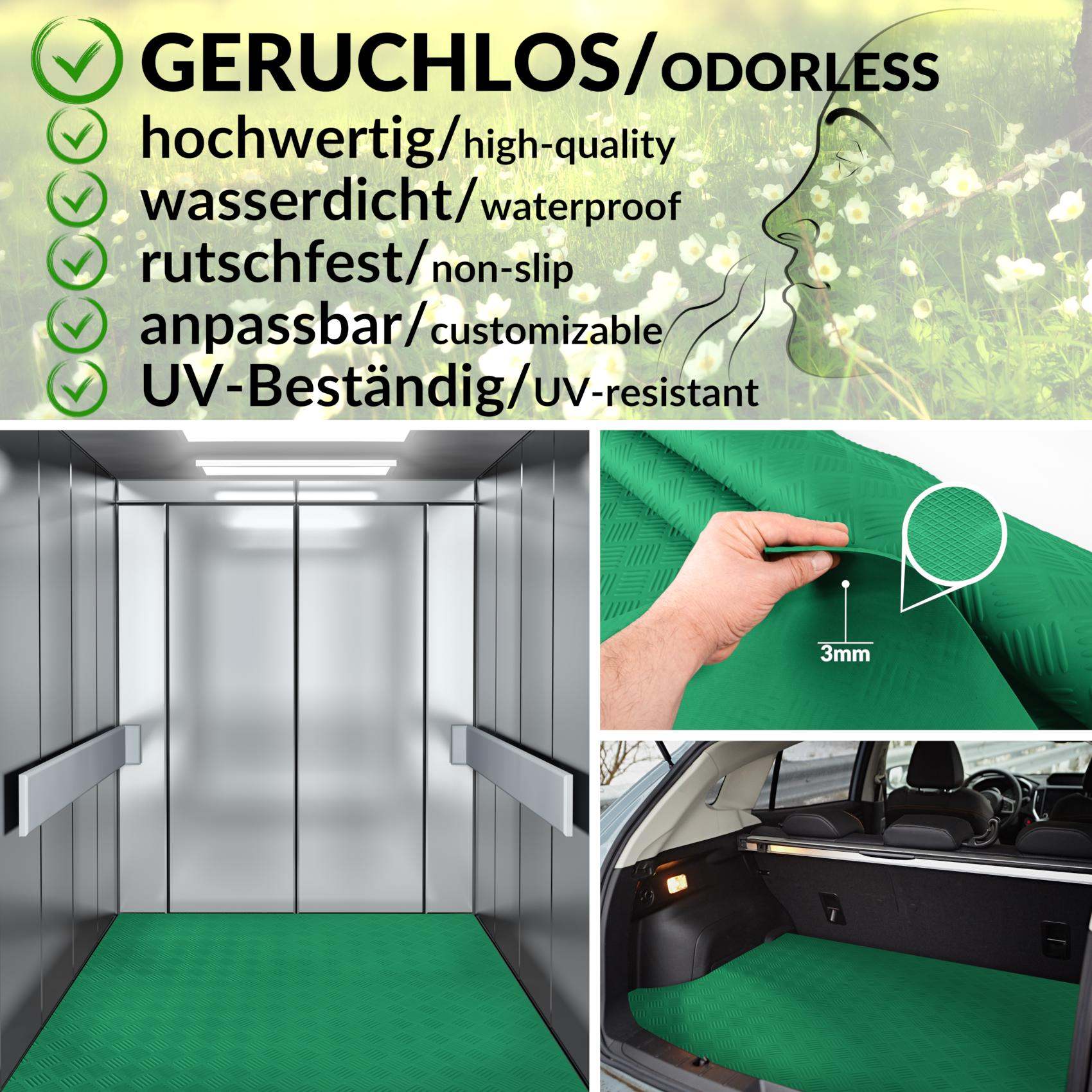 TCHGRU_20 TPE Gummimatten Bodenbelag Meterware geruchsarm Riffelblechoptik Grün 3mm – 100 cm breit Rollenware