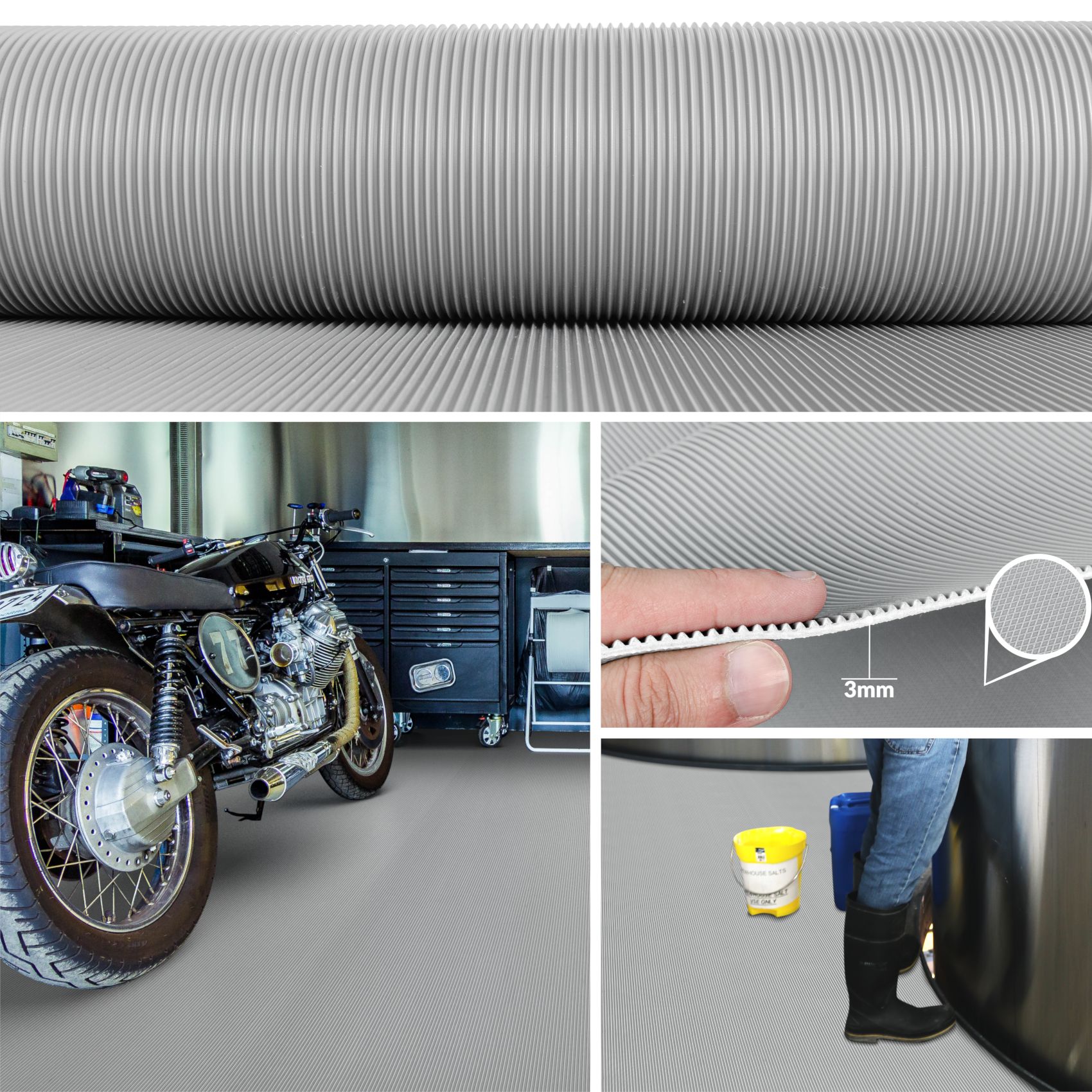 TFRGRA_51 Gummimatte Gummiläufer Feinriefen Grau 3mm 100cm Breit auf TPE, Geruchslos – Bodenbelag, Bodenmatte