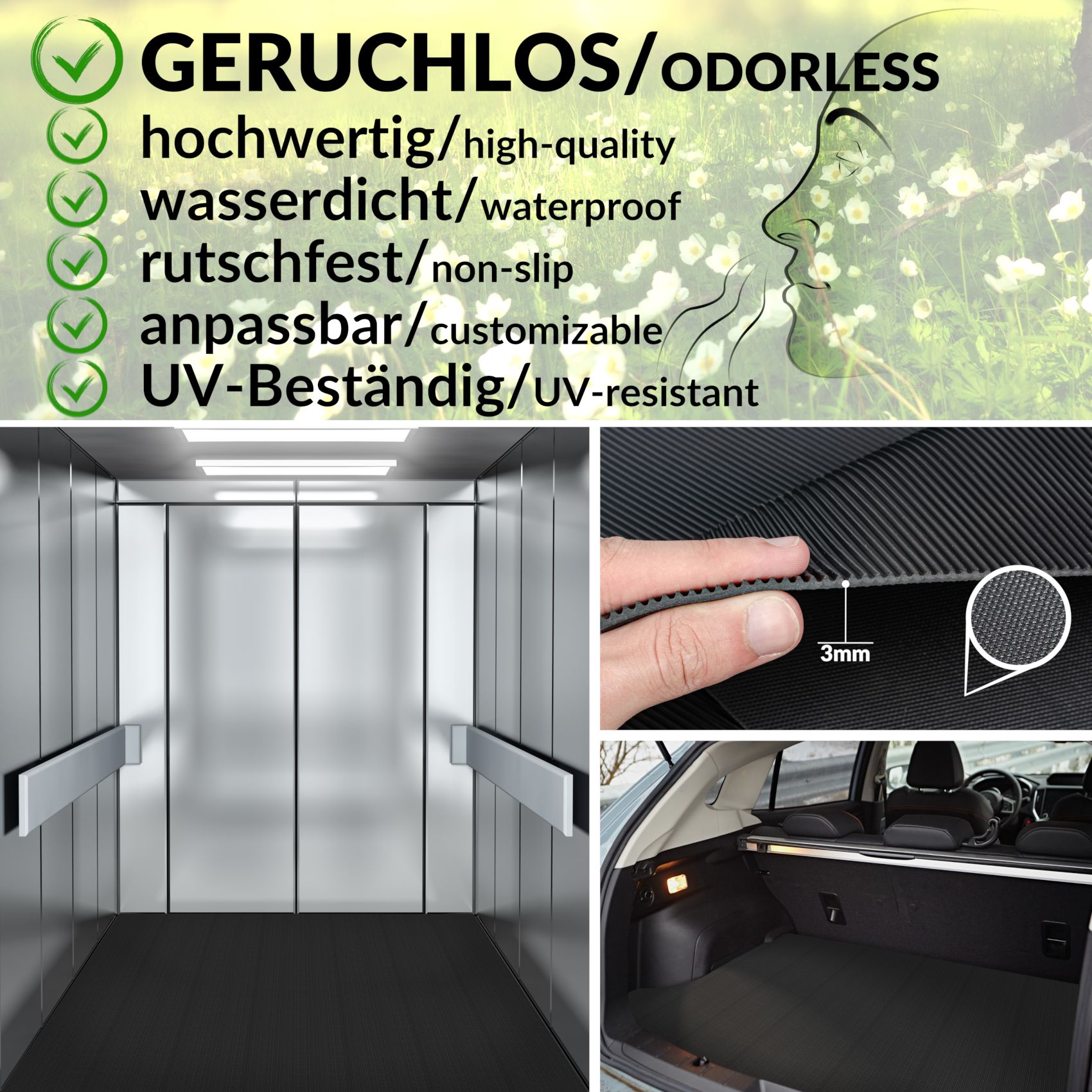 Gummimatte Gummiläufer Feinriefen Schwarz 3mm 100cm Breit auf TPE, Geruchslos – Bodenbelag, Bodenmatte