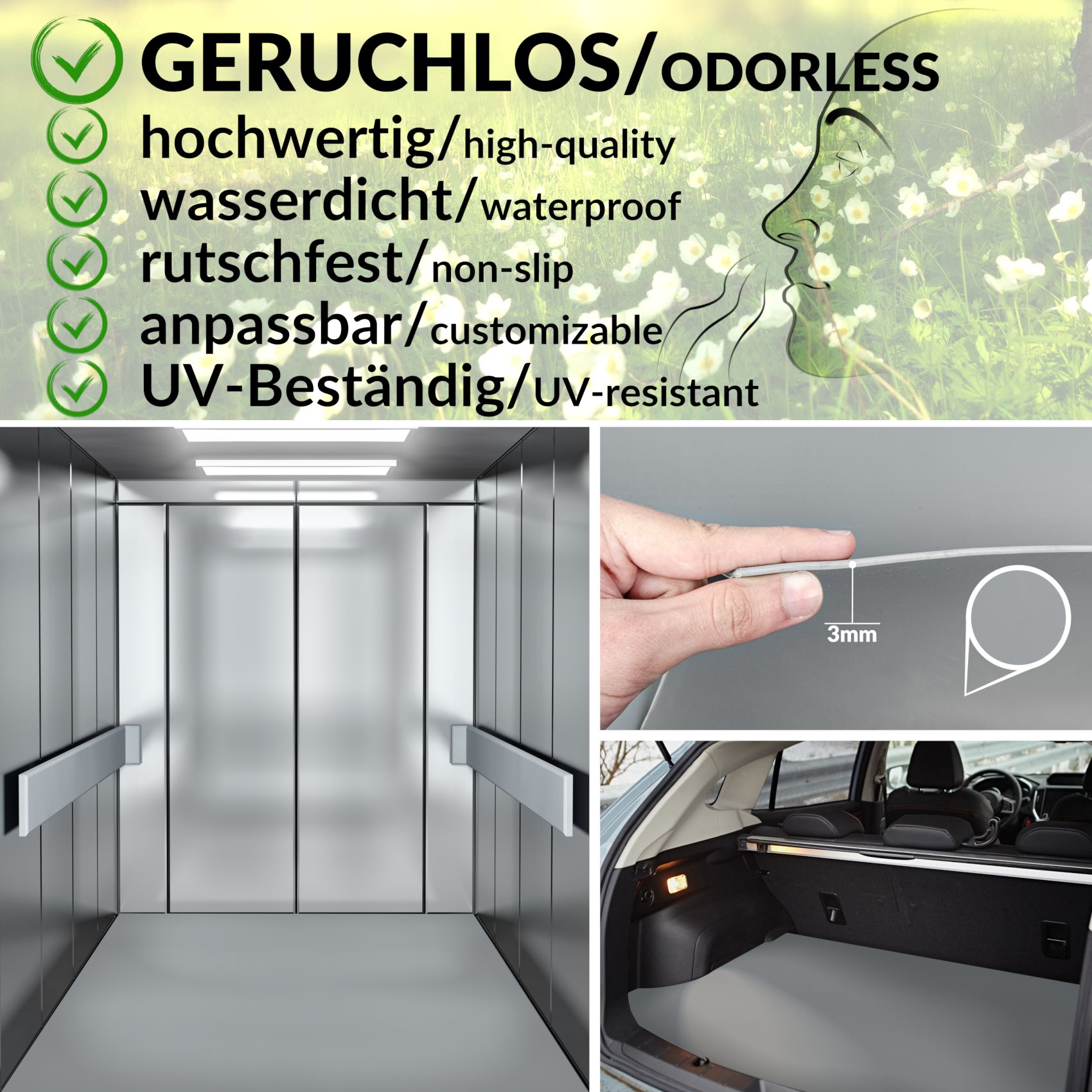 TG3GRA_50 Gummimatte Gummiläufer Glatt 3mm Grau 100cm Breit auf TPE, Geruchslos – Bodenbelag, Bodenmatte