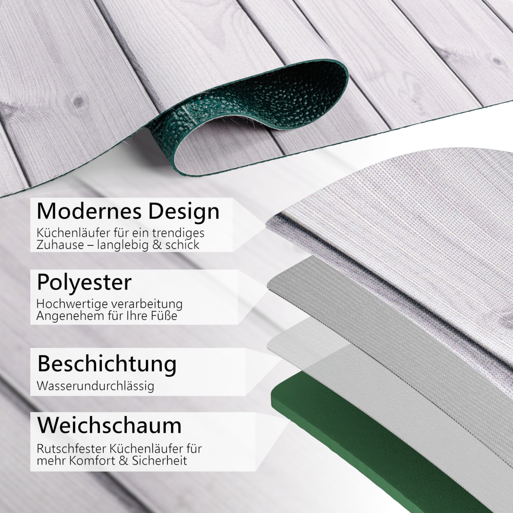 Küchenläufer waschbar Küchenteppich rutschfest Sprinty Holz Grau 52cm Breite