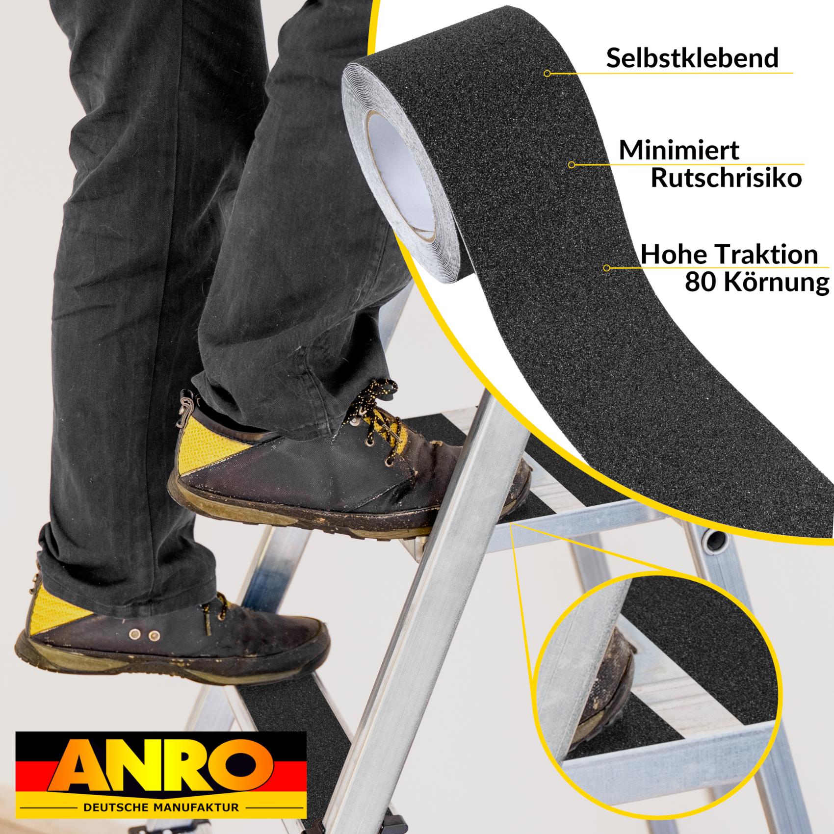 KB-SCHW-05_30 Antirutsch Klebeband selbstklebend anti-rutsch Tape Band Klebestreifen FixoFlex Breite 5 & 10cm Schwarz 10m Rolle