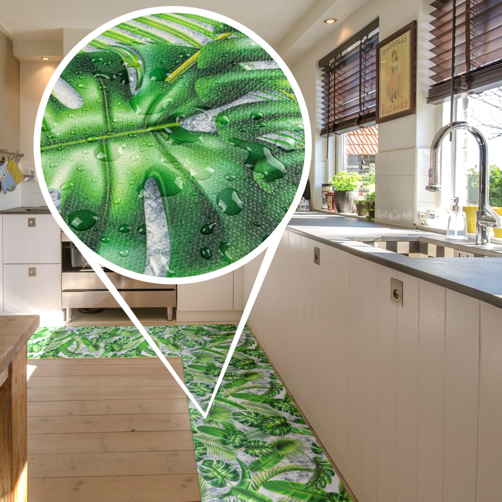 BRHF4405_12K Küchenläufer Küchenteppich Flurteppich Palmenblätter Grün Teppichläufer Läufer rutschfest