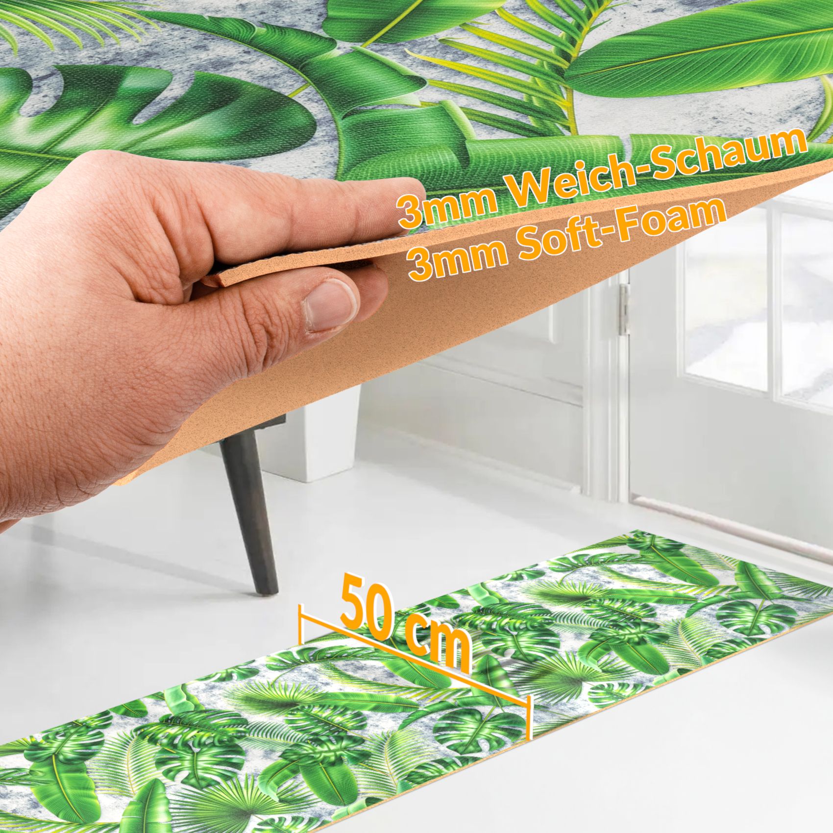 BRHF4405_15 Küchenläufer Küchenteppich Flurteppich Palmenblätter Grün Teppichläufer Läufer rutschfest