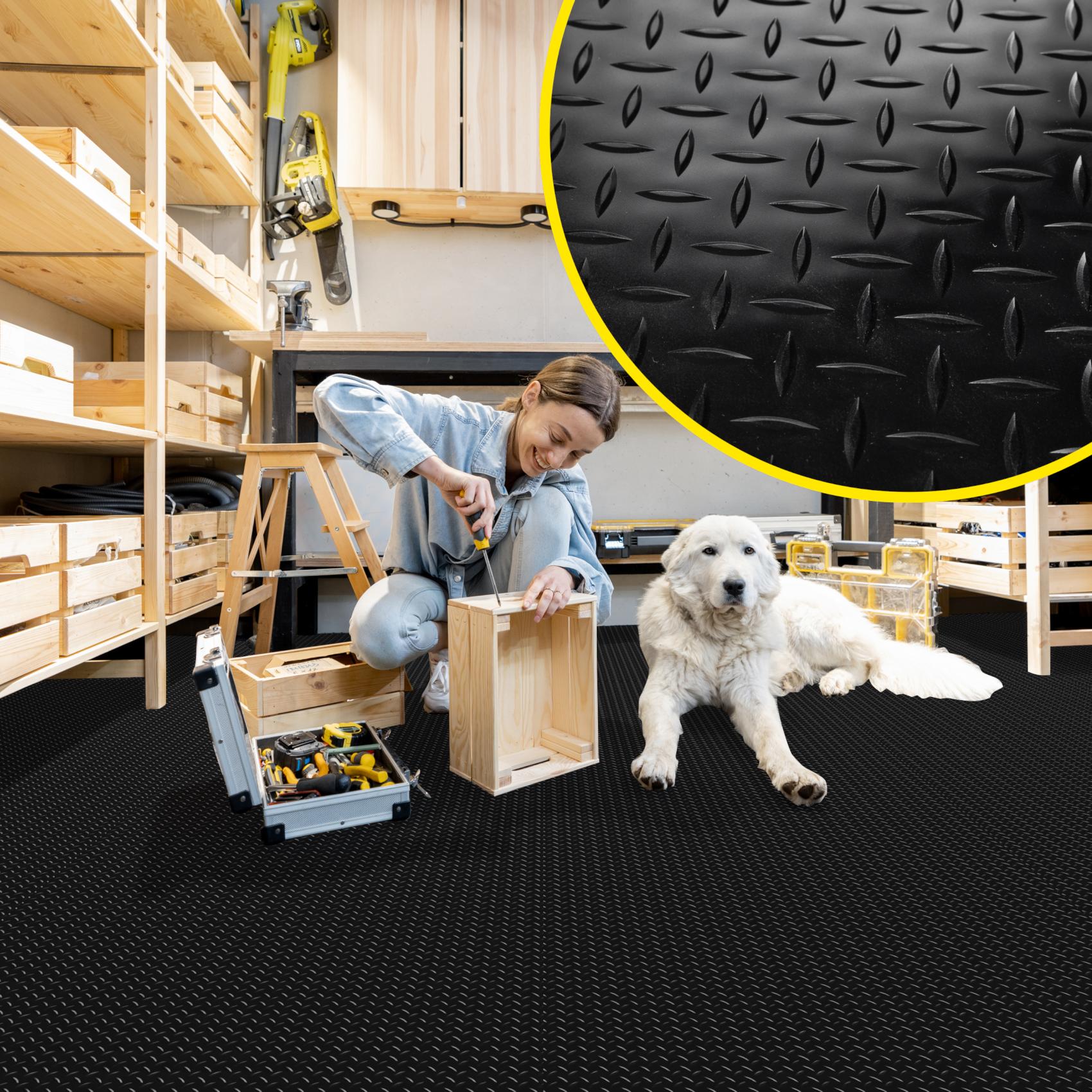 DIO-BLE-SCH_40 PVC Bodenbelag Meterware Antirutschmatte Vinylboden Rollenware Stärke1,5mm 100cm Breite Tränenblech Schwarz Breite 100cm
