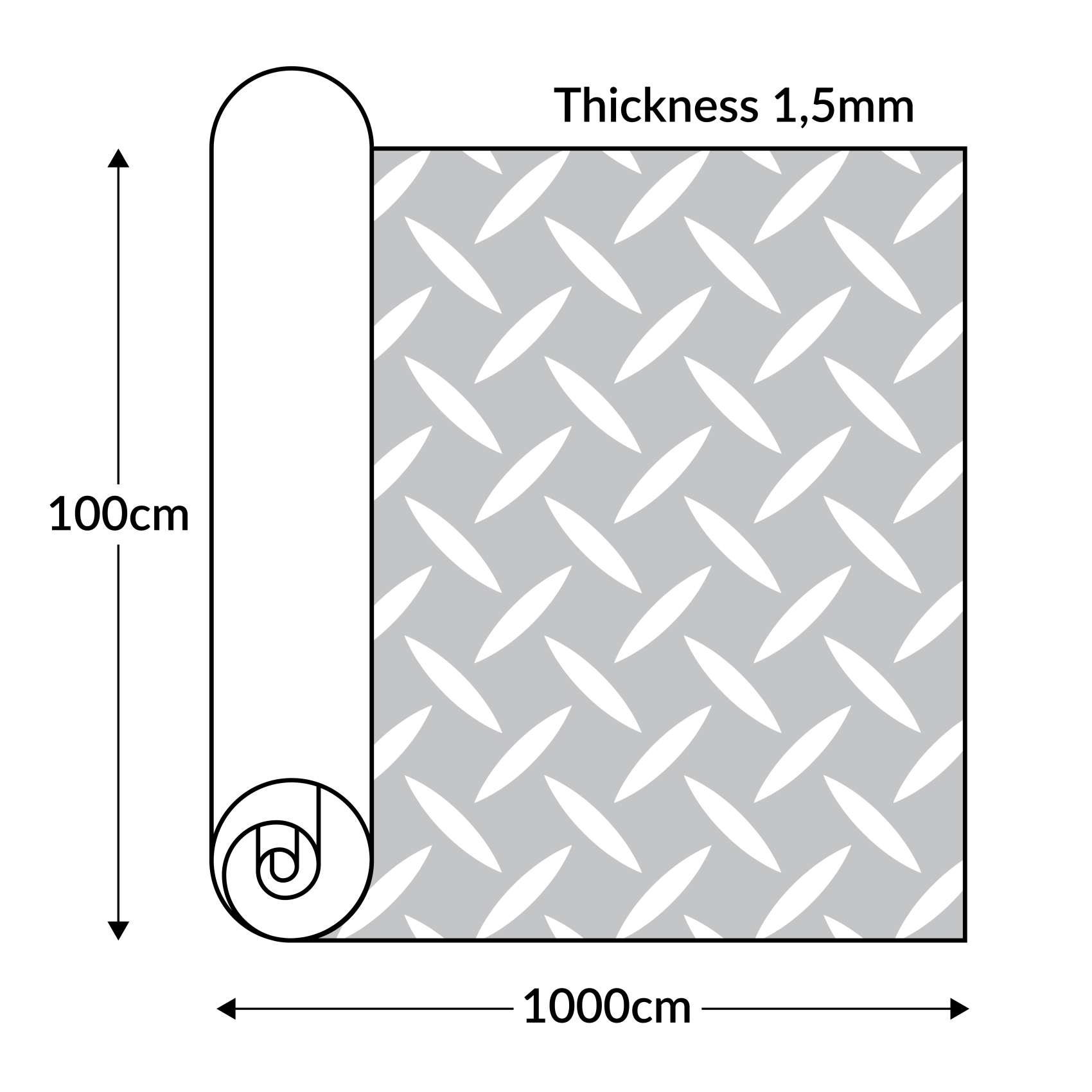 DIO-BLE-size PVC Bodenbelag Meterware Antirutschmatte Vinylboden Rollenware Stärke1,5mm 100cm Breite Tränenblech Schwarz Breite 100cm