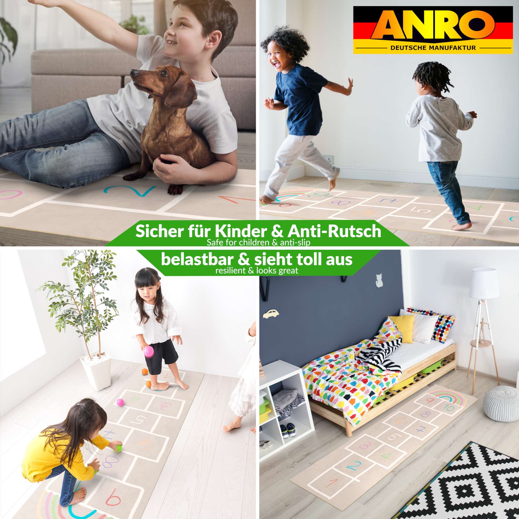 Spielmatte Hüpfspiel Teppich Läufer Hüpfspiel abwaschbar rutschfest Spring Kreuz Beige 67x240cm