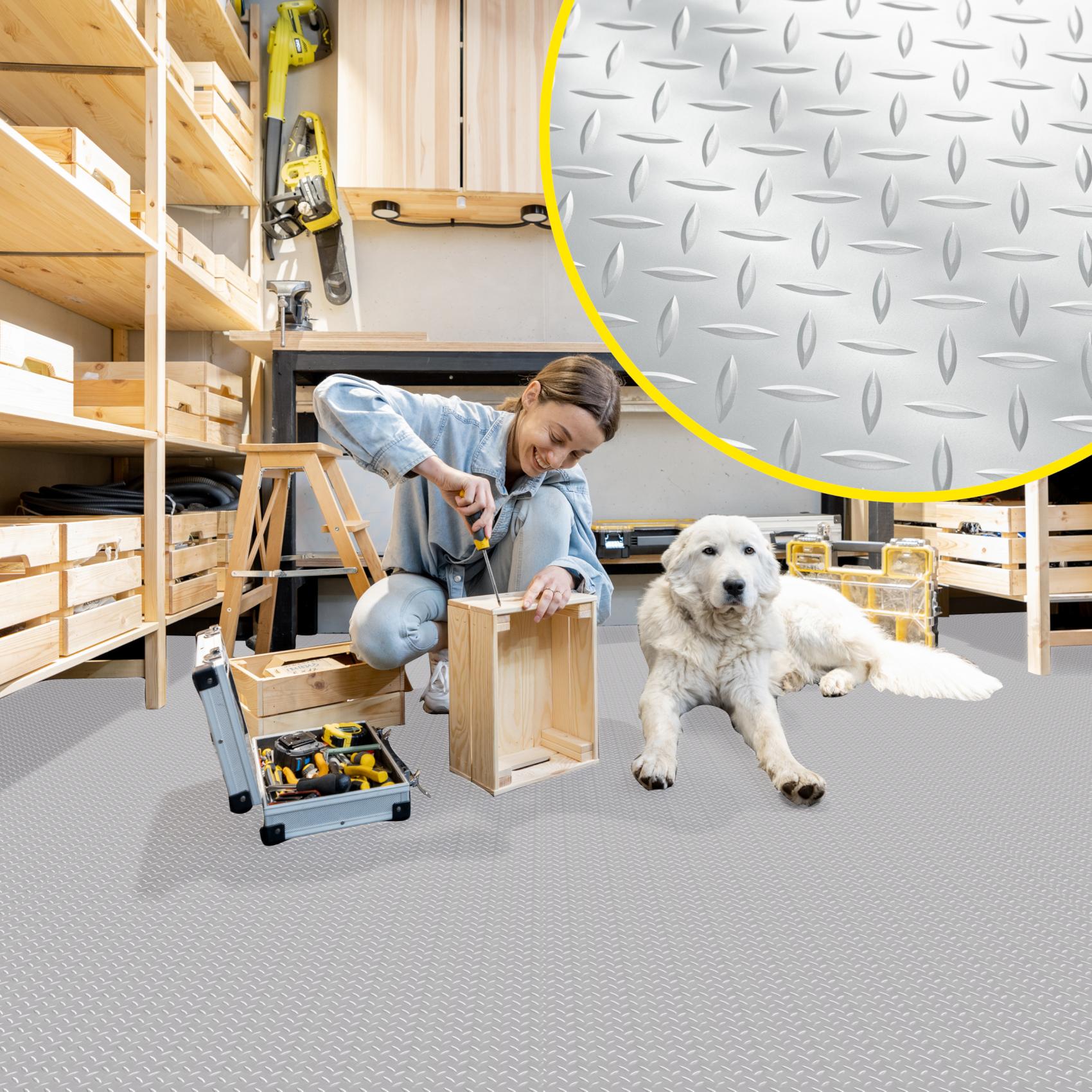 PVC Bodenbelag Meterware Antirutschmatte Vinylboden Rollenware Stärke1,5mm 100cm Breite Tränenblech Silber Breite 100cm